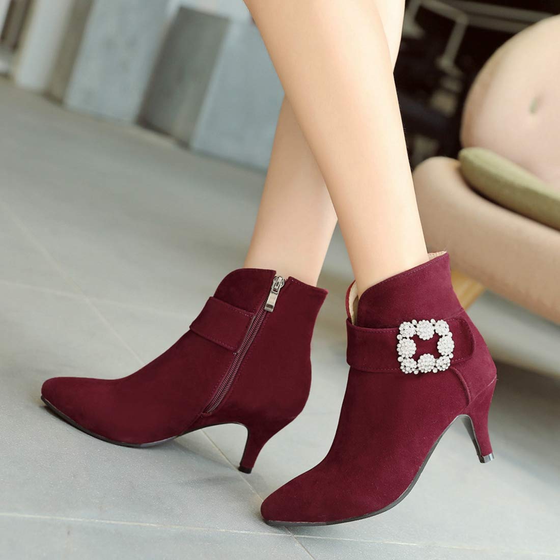 VOKLIN Women's Rhinestone Pointed Toe Ankle Boots - Elegant Dressy Kitten Heel Booties for Office, Party & Evening Wear - Comfortable Fashion Short Boots for Women