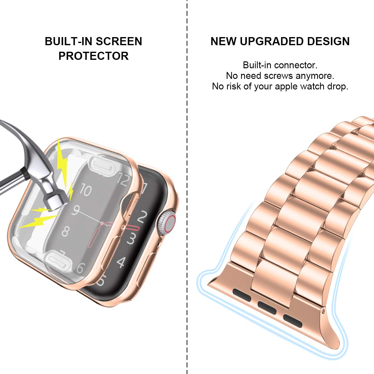 iiteeology Compatible Apple Watch Band 44mm for Series 6/5/4/SE - Premium Stainless Steel Strap with Screen Protector Case (Rose Gold) - Perfect for Workouts, Office & Everyday Wear for Men & Women