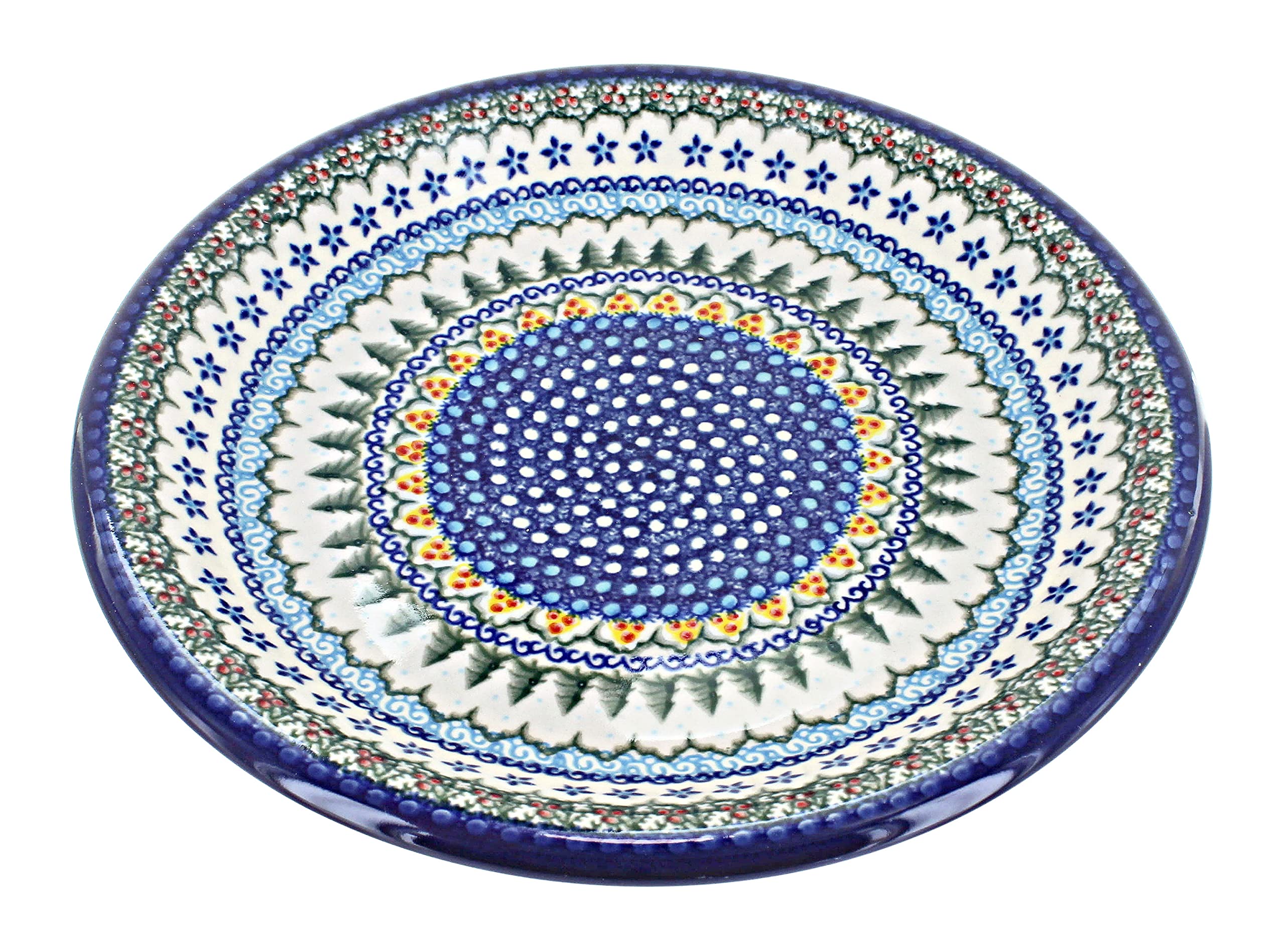 Handmade Blue Rose Polish Pottery Holiday Pine Dinner Plate - Elegant Christmas Tableware for Festive Dining & Special Occasions