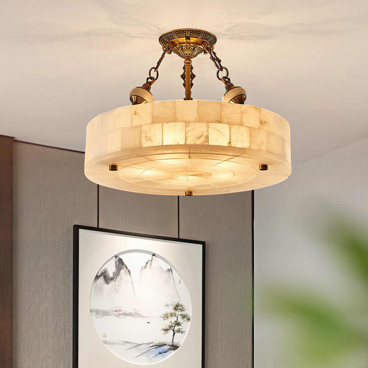 Vintage Grid Round Alabaster Ceiling Light Fixture - Modern Farmhouse Pendant Lighting for Dining Room, Kitchen, Bedroom & Living Room
