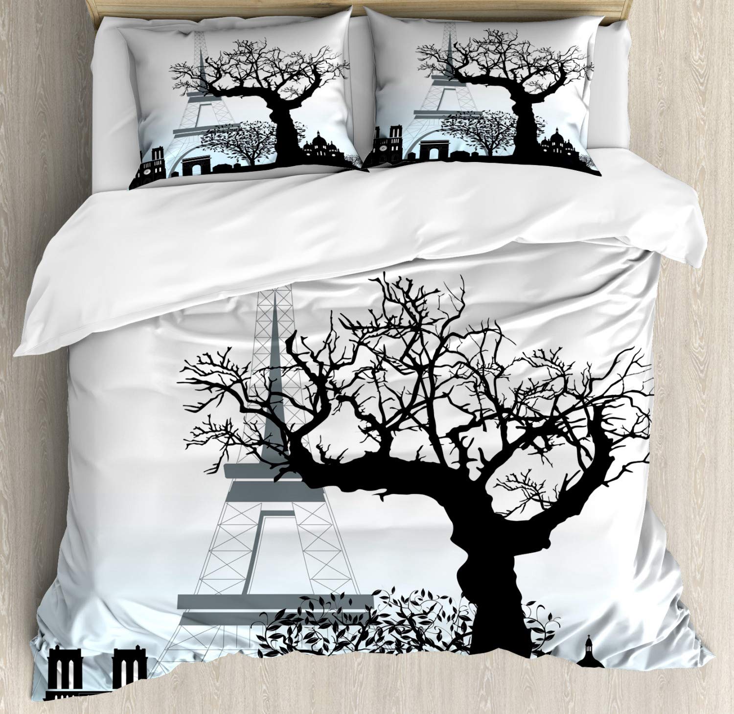 Lunarable Paris Duvet Cover Set - Eiffel Tower Monochrome Design with Historical French Buildings - 2-Pack Twin Size Bedding Set Includes 2 Duvet Covers & 2 Pillowcases in Pale Grey & Blue - Perfect for Paris-Themed Bedrooms, Guest Rooms & Airbnb Decor