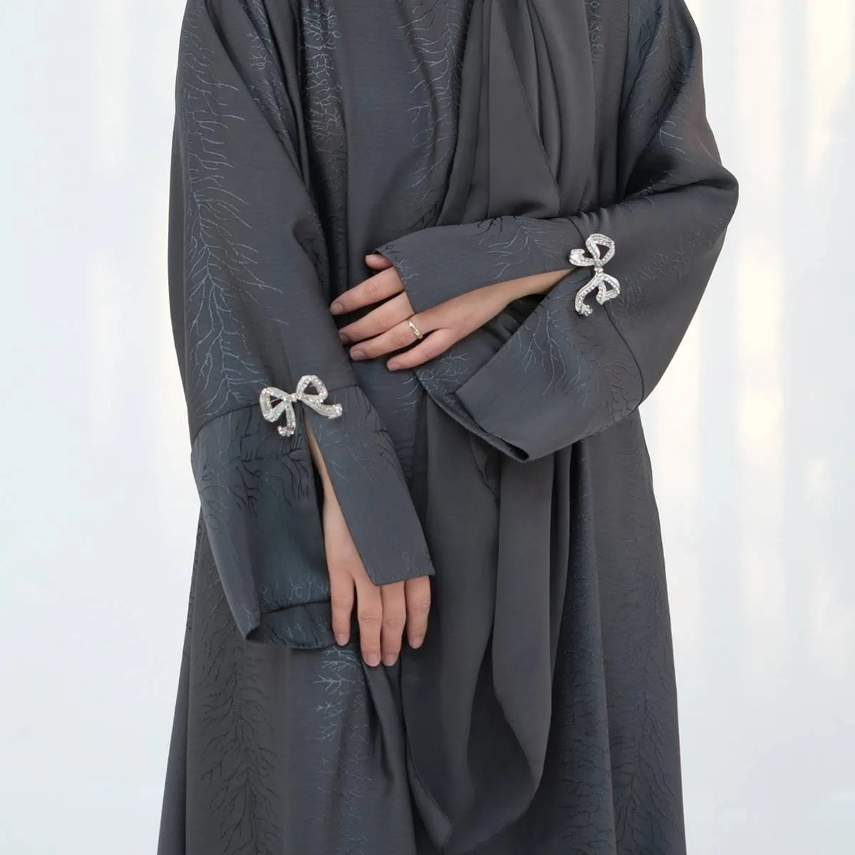Elegant Jacquard Satin Bow Abaya Dress #25006 - Modest Muslim Women's Prayer Dress for Special Occasions & Daily Wear