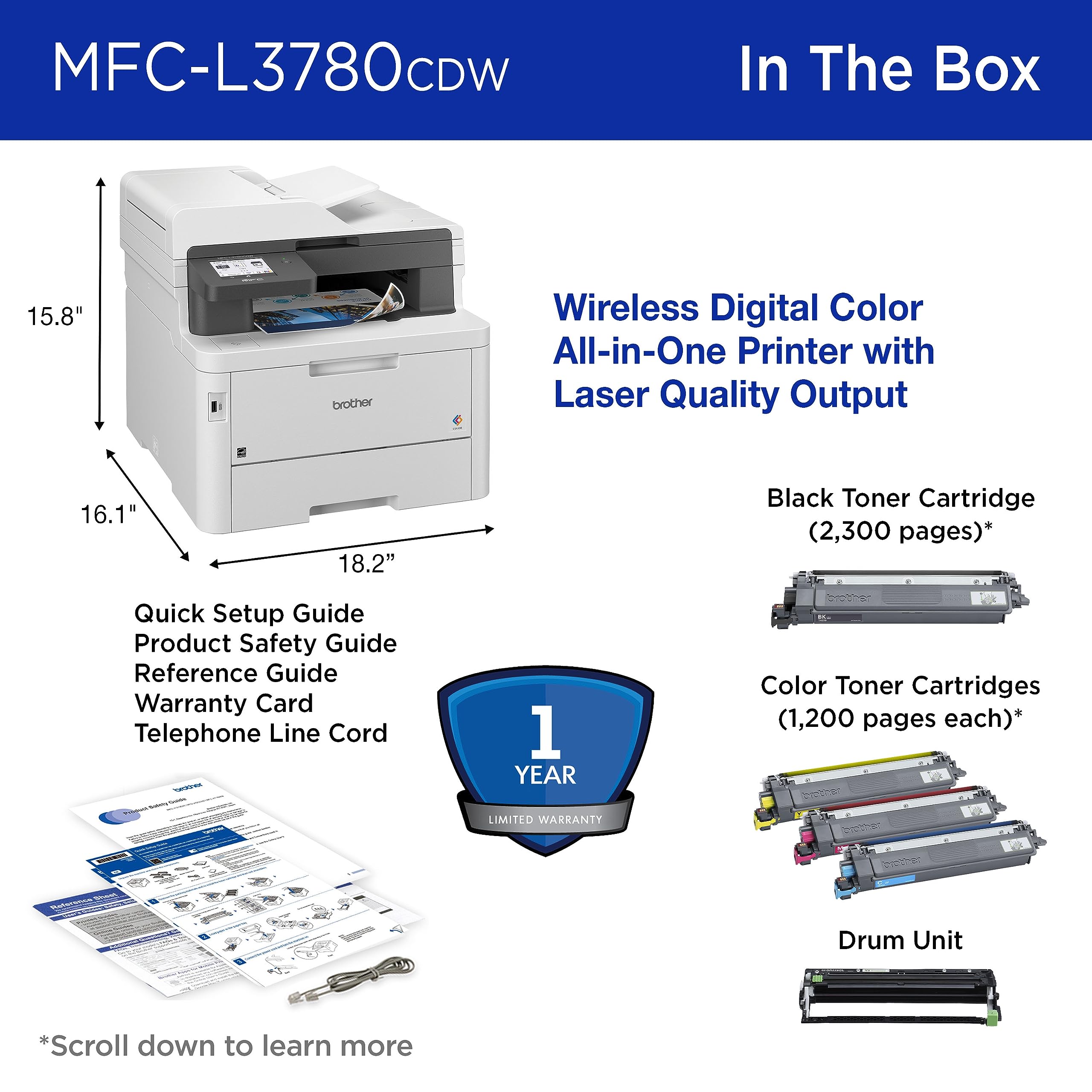 Brother MFC-L3780CDW Wireless Color Laser All-in-One Printer - Duplex Copy & Scan, High-Quality Output | 4-Month Refresh Subscription Trial | Amazon Dash Replenishment | Ideal for Home Office & Small Business Printing Needs