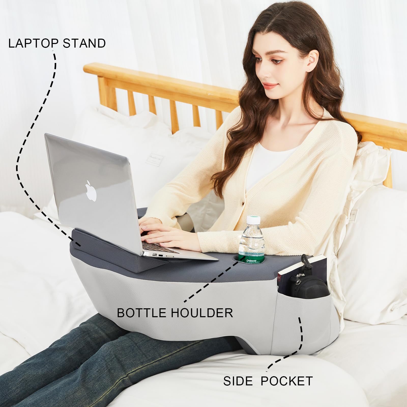 **Memory Foam Gaming Pillow with Side Pocket & Bottle Holder - CertiPUR-US Certified Lap Desk Pillow for Reading, Working, or Playing in Bed & Sofa - Perfect for Adults, Gamers & Office Use**