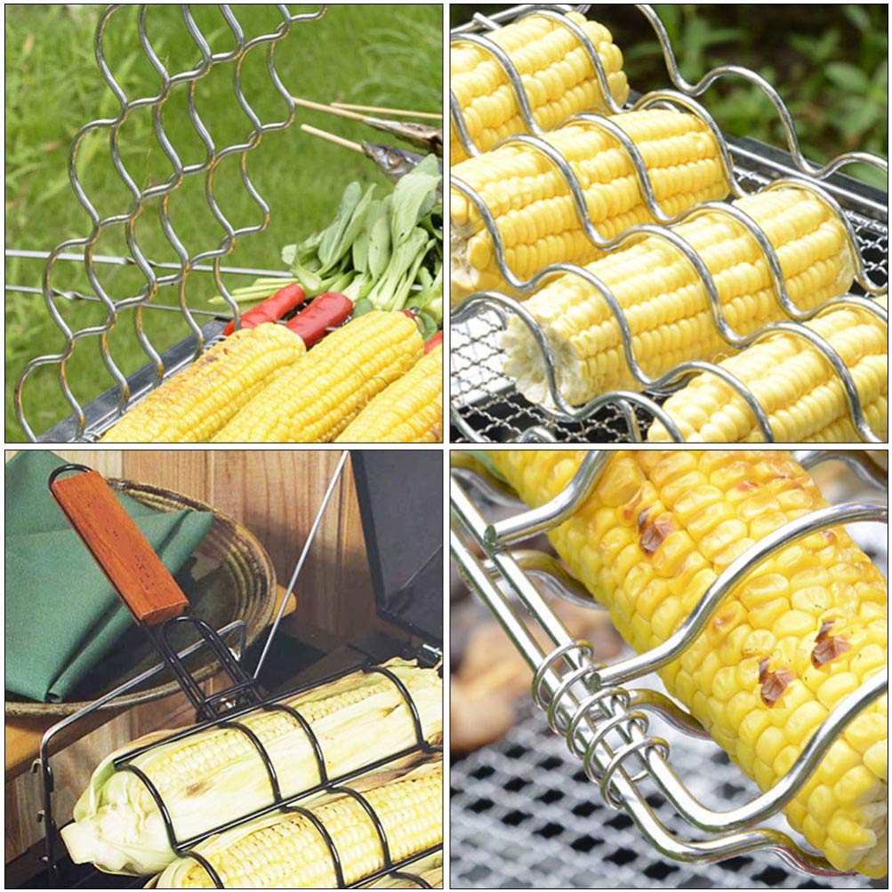BESPORTBLE Stainless Steel Grill Basket - Corn BBQ Holder with Non-Stick Coating & Long Wooden Handle - Perfect for Home Kitchen, Outdoor Barbecue, Camping, and Backyard Party Accessories
