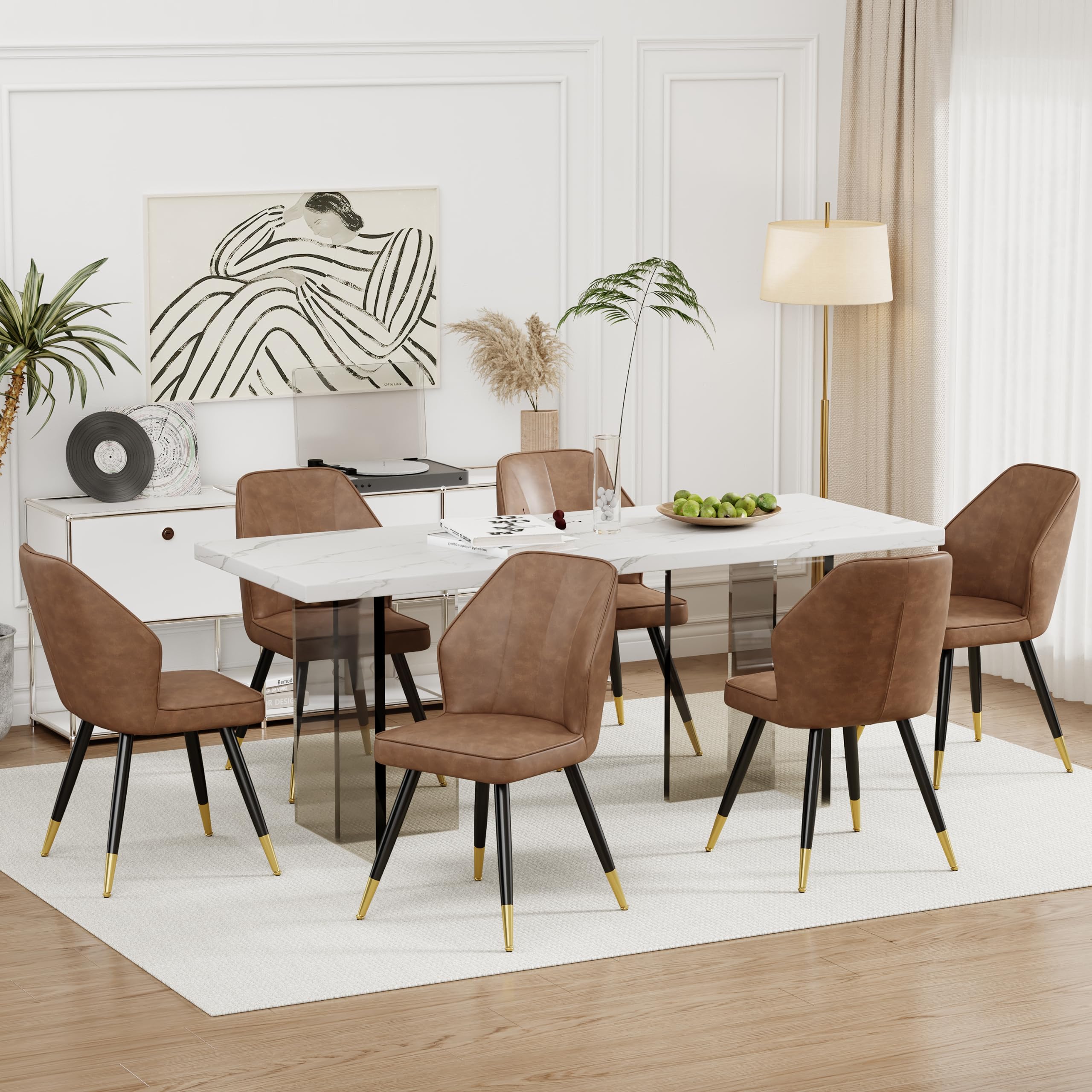 Andeworld Set of 2 Mid Century Modern Upholstered Dining Chairs - Faux Leather Armless Side Chairs with Golden Metal Legs for Dining Room, Living Room, Kitchen & Office - Brown Accent Chairs for Home Decor