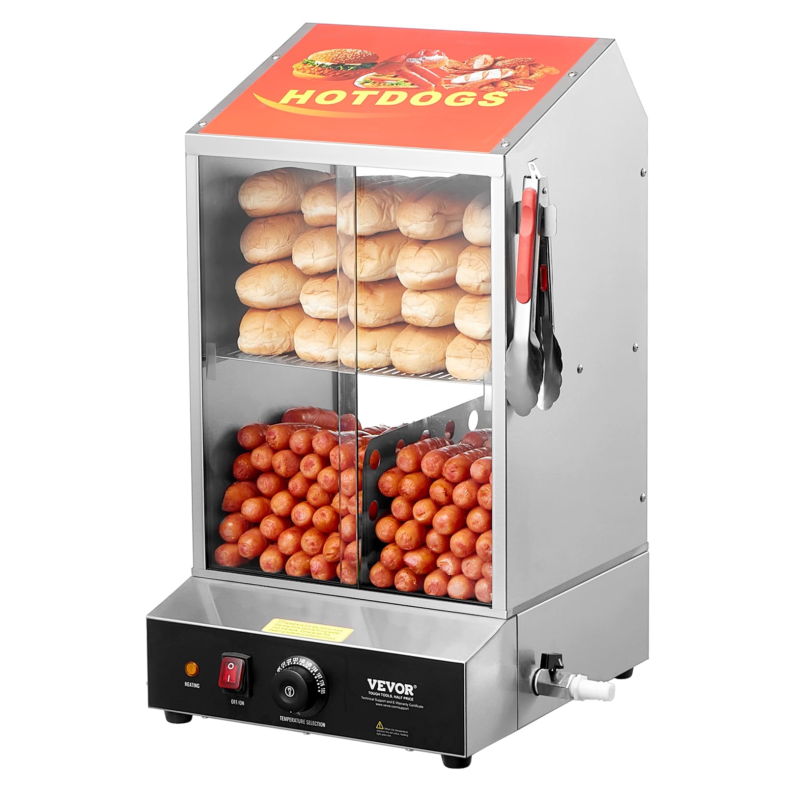 VEVOR 39QT Commercial Hot Dog Steamer - 2-Tier Electric Bun Warmer with Temperature Control (86°F-185°F), Stainless Steel Hot Dog Machine with Tempered Glass Doors & Serving Tools - Perfect for Hot Dog Stands, Food Trucks, and Restaurant Kitchens