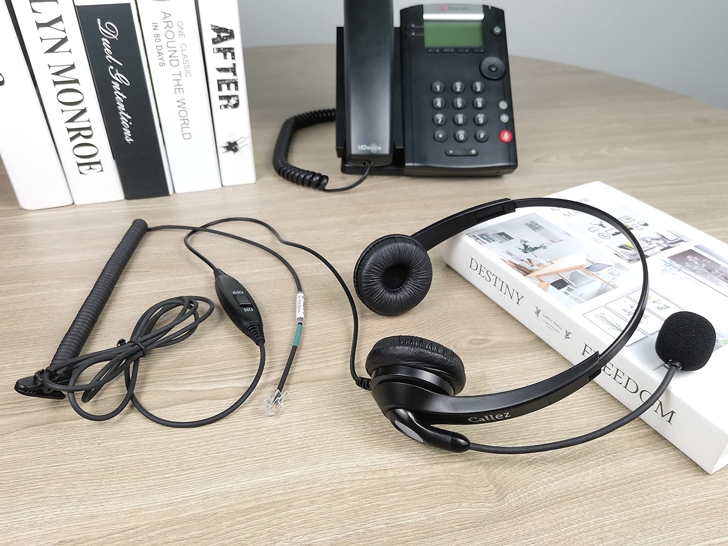 Noise Cancelling RJ9 Phone Headset with Volume Control - Compatible with Polycom VVX310/410/411, Plantronics S12, Avaya 1416/5410, Mitel 5320e, ShoreTel 230 - Ideal for Office Calls, Customer Service & Remote Work