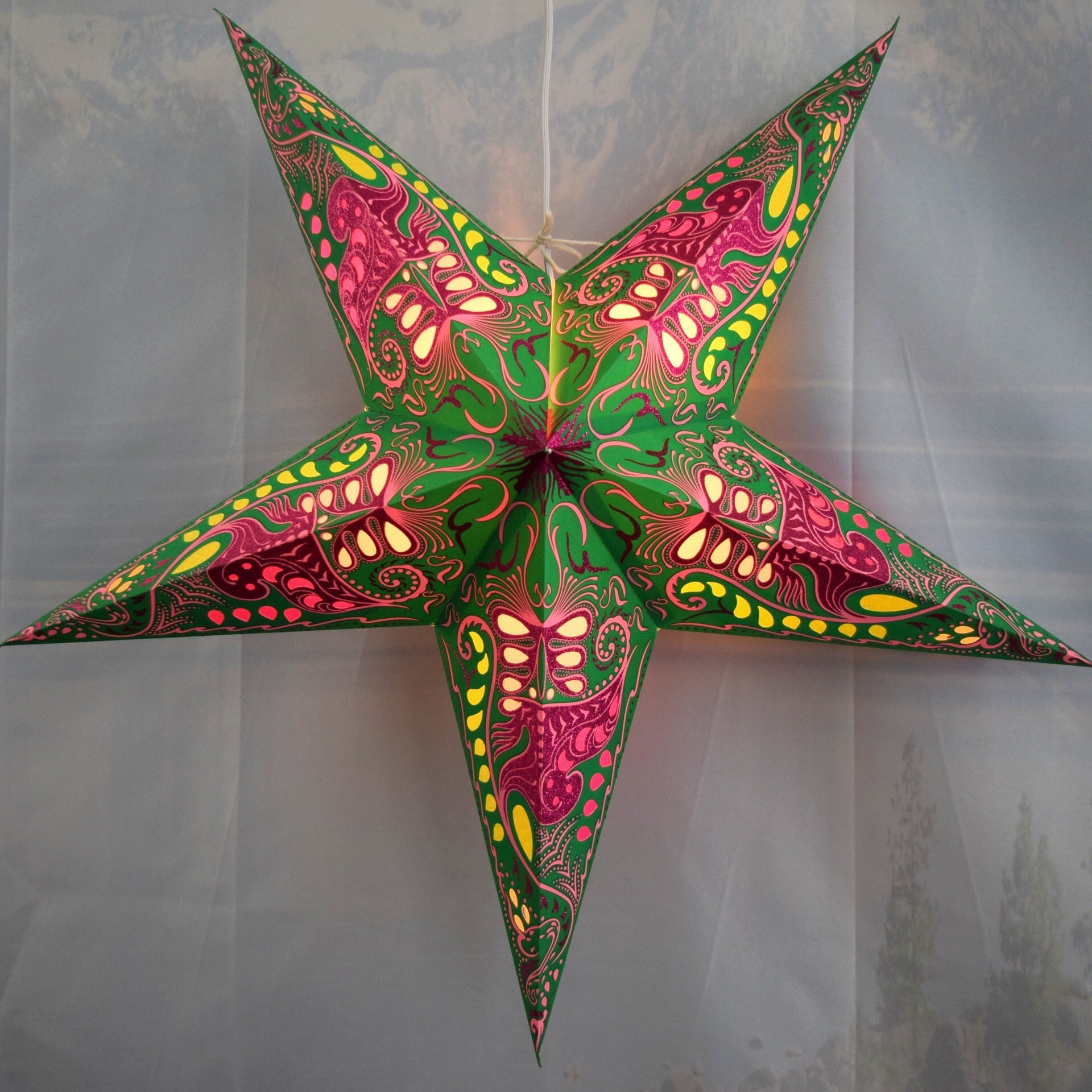3 Pack 24 Inch Paper Star Lanterns - Green Pink Nebula Design with Triple Pendant Lights | Party Decor, Wedding Centerpiece, Boho Home Decor, Nursery Lighting