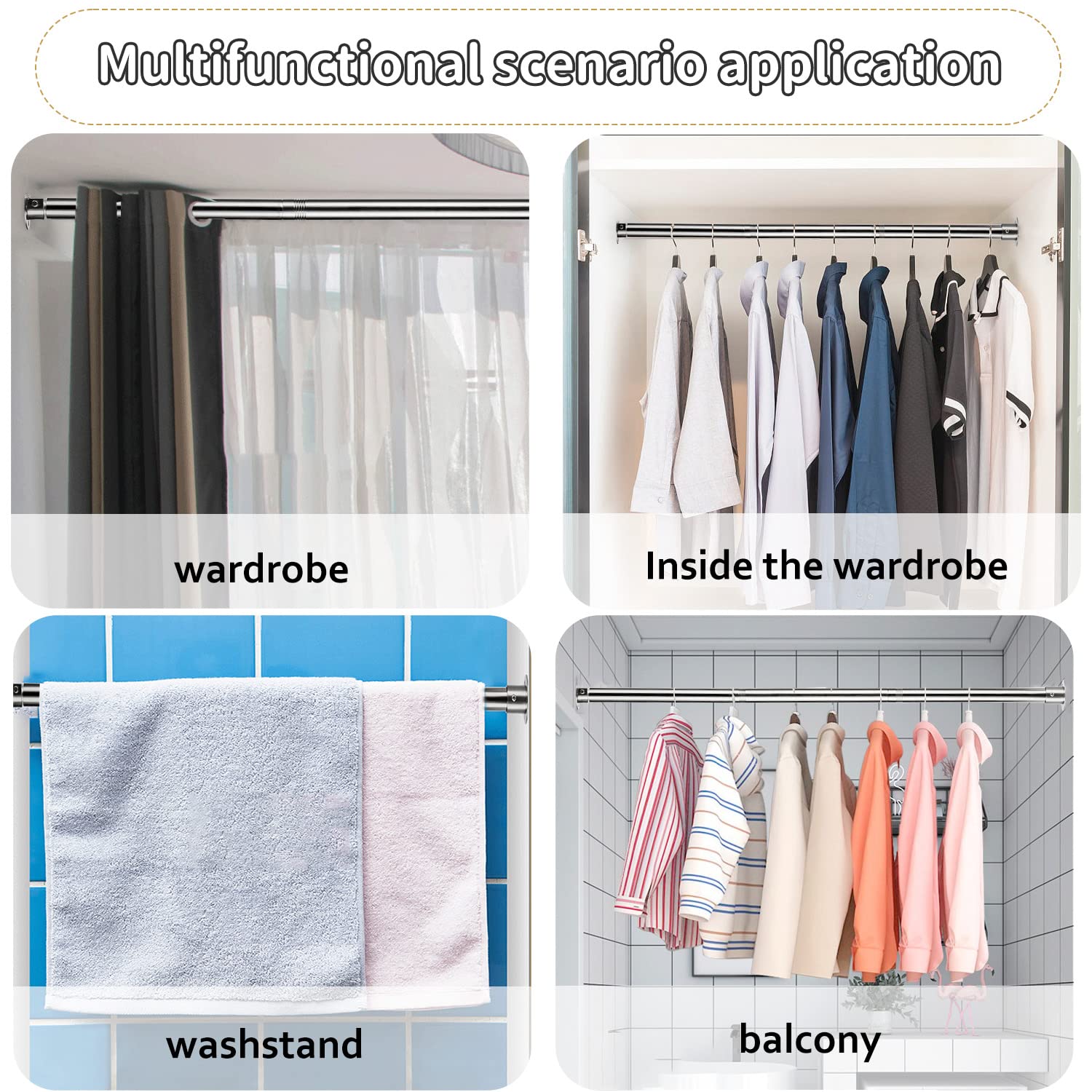 Adjustable Closet Rod 28-72 Inch Heavy Duty Stainless Steel Tension Pole for Hanging Clothes - Space Saving Wardrobe Organizer for Closets, Shoe Cabinets & Storage Rooms - Perfect for Small Spaces & Apartment Living