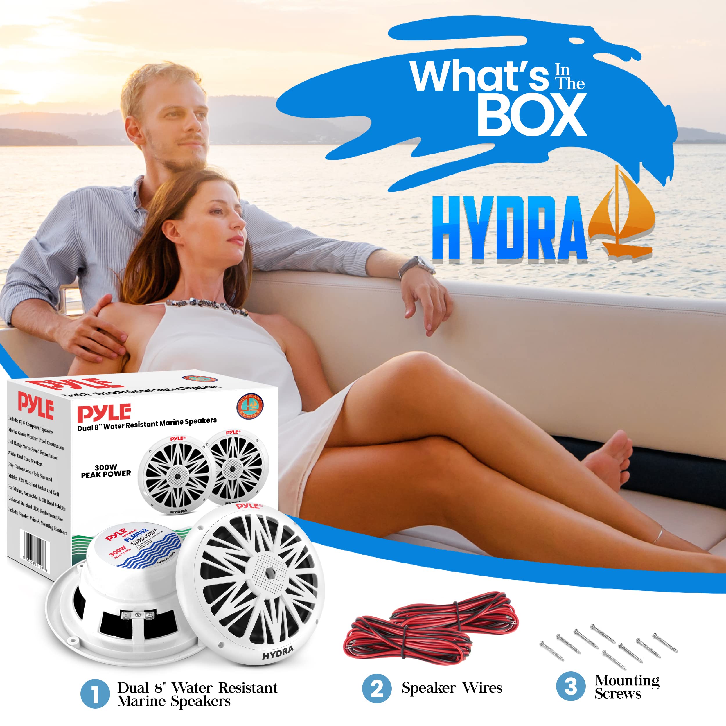 Pyle 8 Inch White Dual Marine Speakers & Bluetooth Stereo Radio - 12V Single DIN Boat Dash Receiver System with Built-in Mic for Boats, Yachts, and Marine Vehicles - Perfect for Outdoor Water Sports and Entertainment