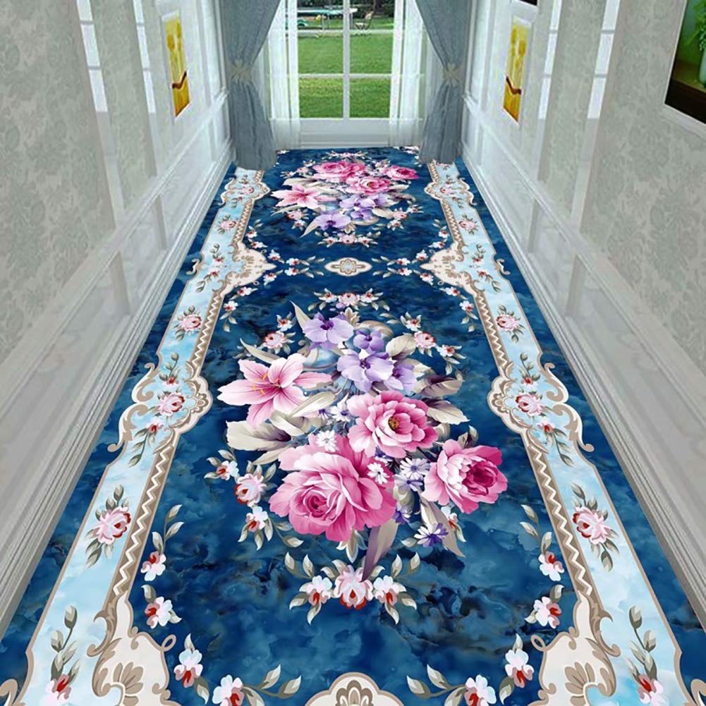 Non-Slip Blue Kitchen Floor Mat - Jacquard Design Washable Entryway Rug for Home & Hotel (0.6x2m) - Perfect for Hallways, Kitchens, and High-Traffic Areas