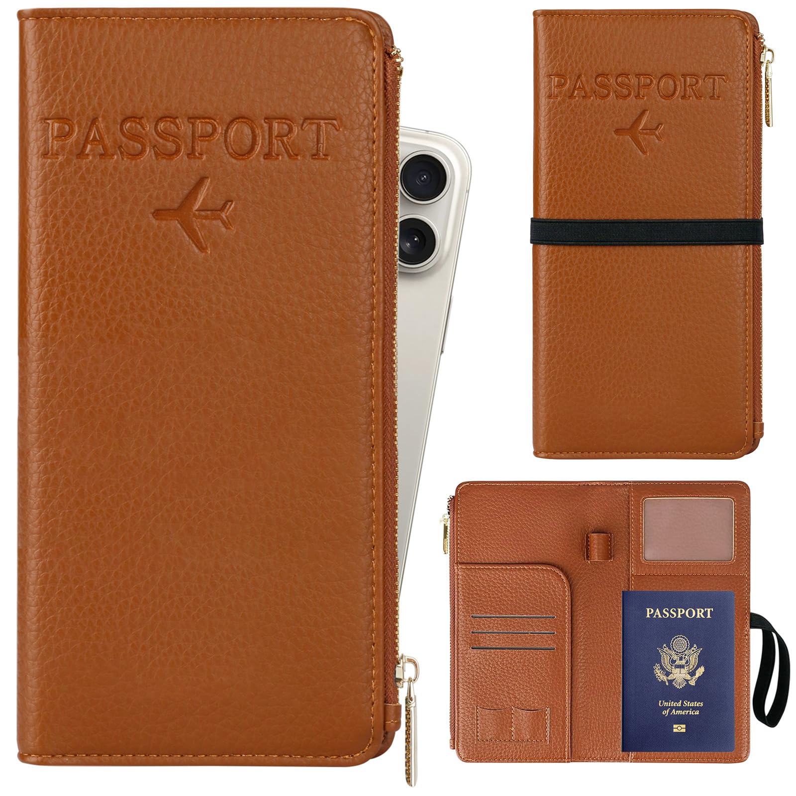 Premium Leather RFID Blocking Passport Holder for Women - Waterproof Travel Wallet with Zipper Pocket & Card Slots | Secure Document Organizer for International Trips, Vacations & Business Travel (Brown)