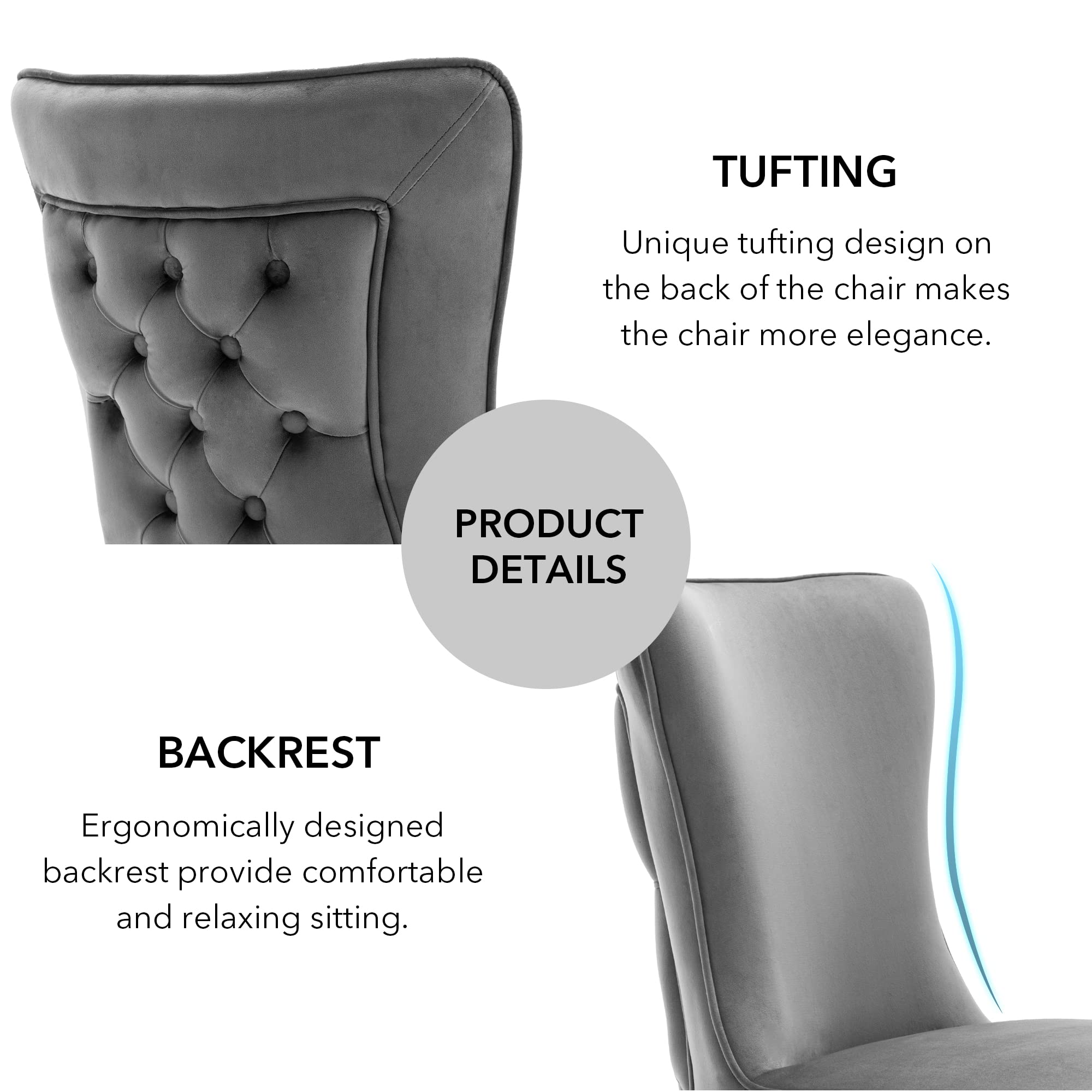 Luxury Velvet Dining Chairs Set of 2 - Tufted Upholstered Accent Chairs with Stainless Steel Legs for Dining Room, Living Room, Bedroom - Dark Grey Modern Home Decor