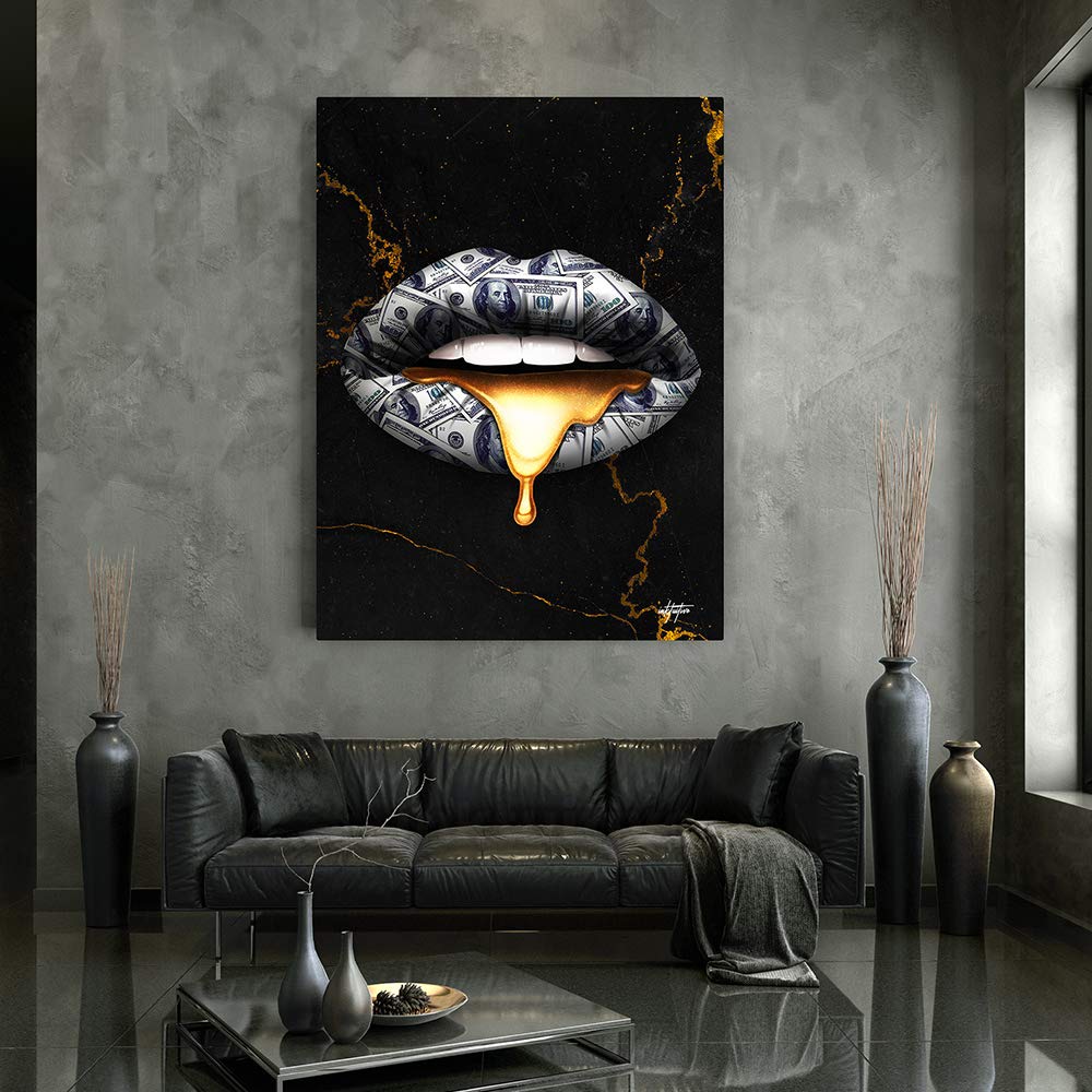 Inktuitive Lips 'Money Talks' 16x12-Inch Framed Canvas Wall Art - Modern Black Frame Motivational Office & Home Decor - Perfect for Living Room, Bedroom or Office Inspiration