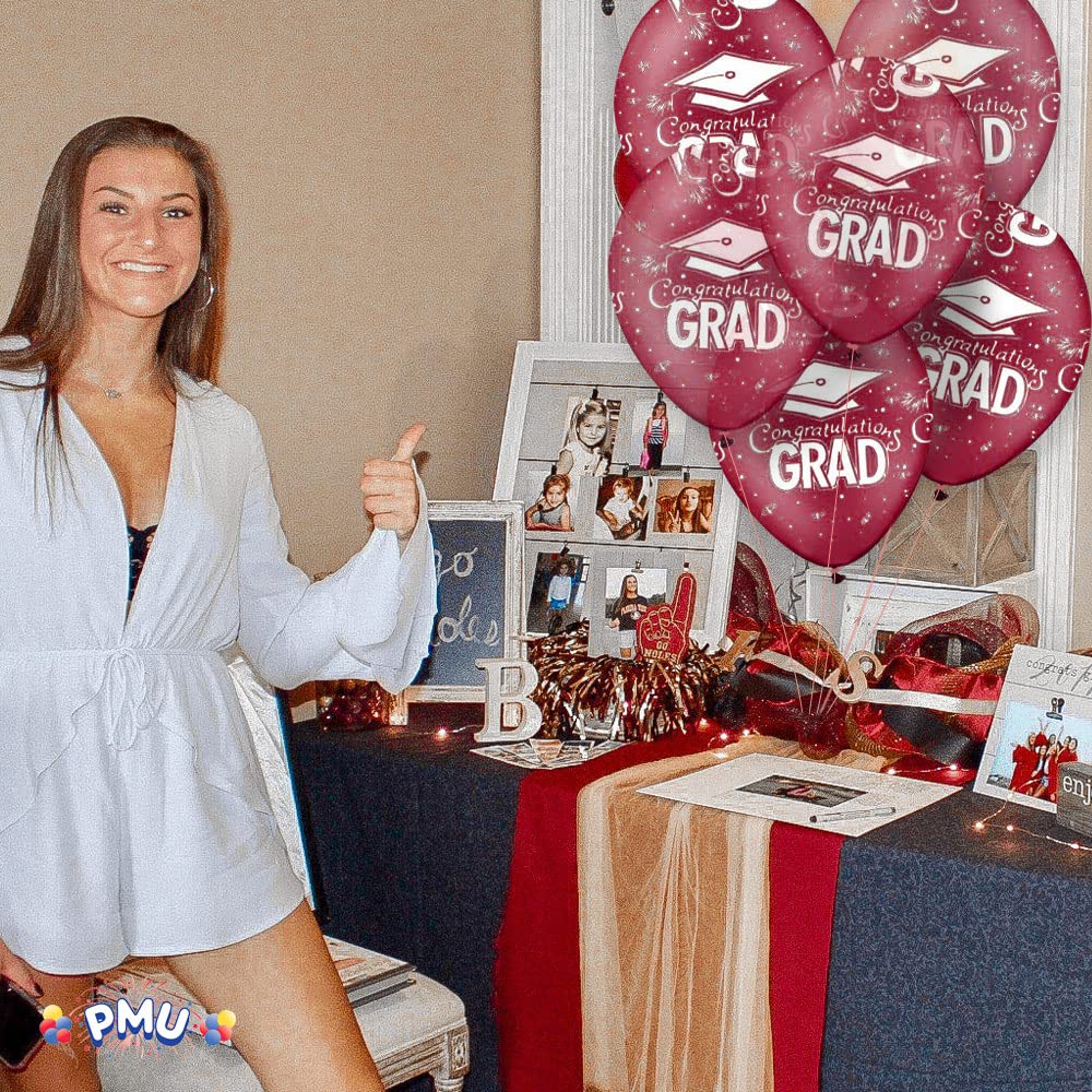 PMU Premium Crystal Burgundy Graduation Balloons with All-Over Print White Graduation Caps, Confetti & Streamers - 50 Latex Balloons per Pack | Perfect for Graduation Parties, School Celebrations & Commencement Decorations