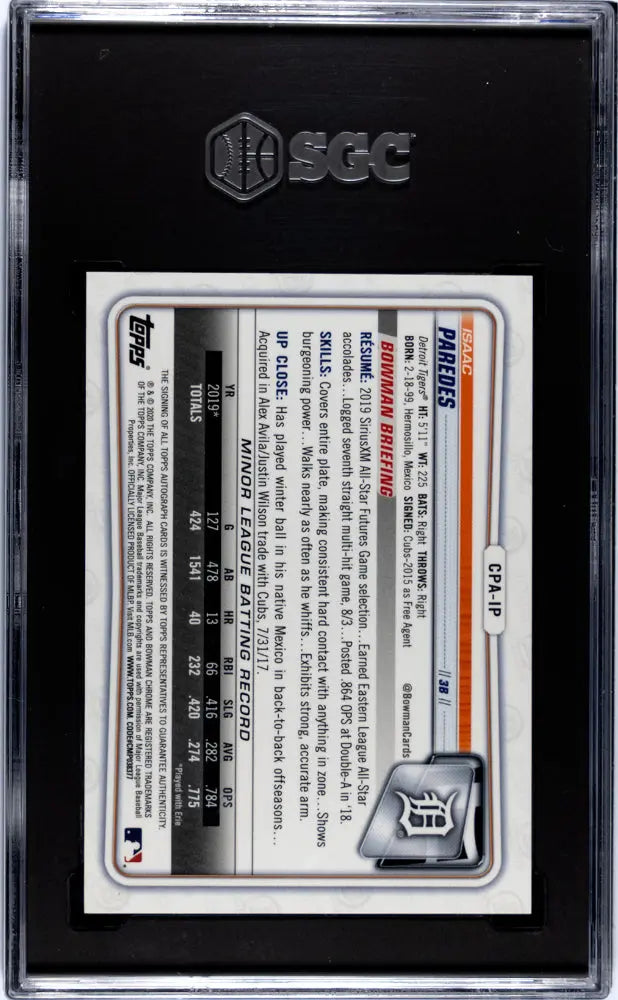 2020 Bowman Chrome Draft Isaac Paredes Autograph Rookie Card SGC 10 Gem Mint - Perfect for Baseball Card Collectors and Sports Memorabilia Enthusiasts