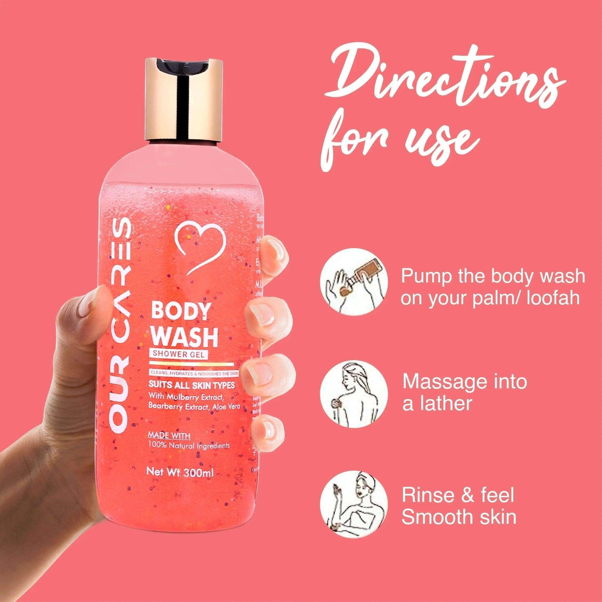 OURCARES Moisturizing Body Wash & Shower Gel - Sulfate Free, Paraben Free | Foaming Cleanser for Softer & Smoother Skin | Face, Body & Hair Wash (300ml) | Ideal for Daily Shower, Spa & Travel Use - For Men & Women