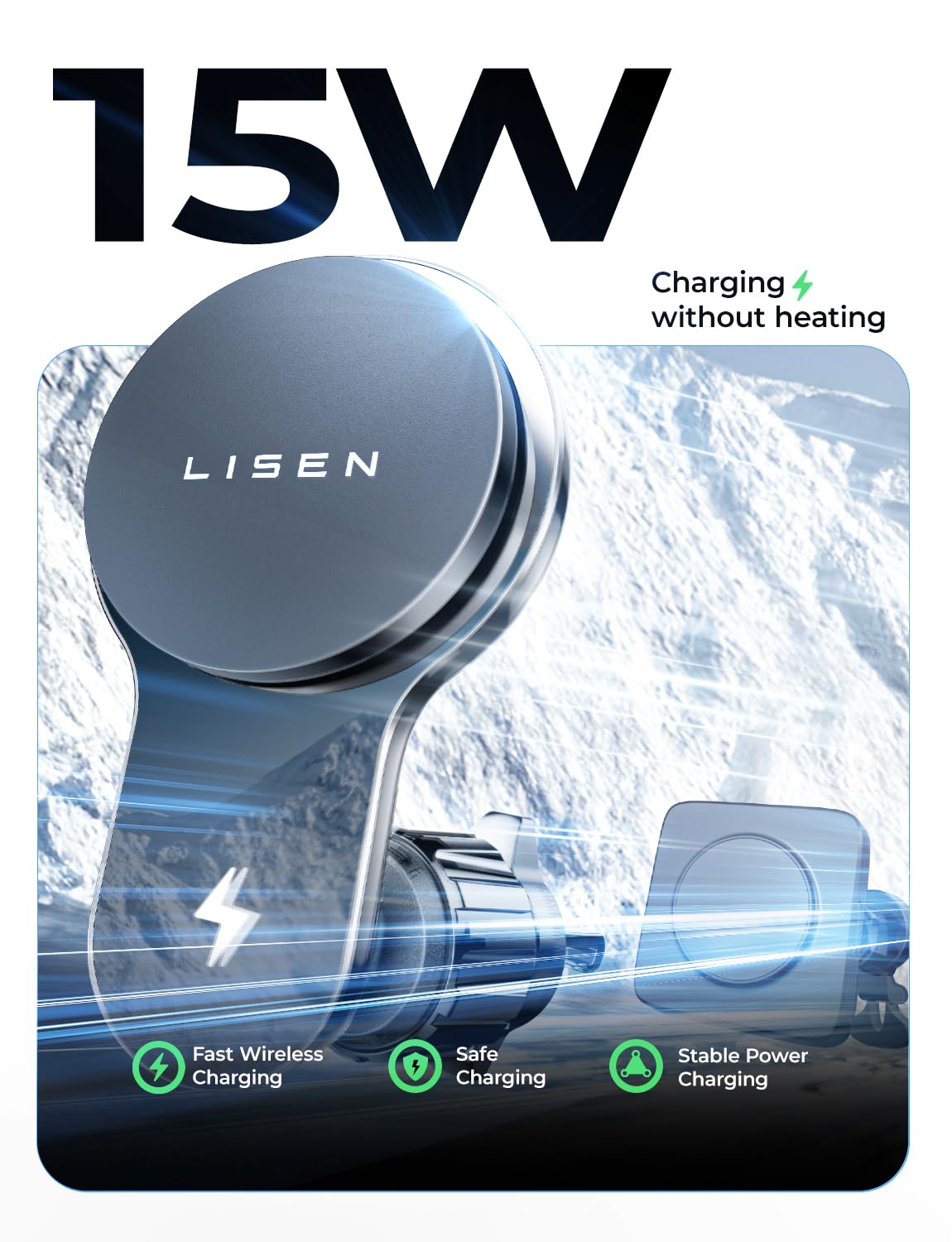 LISEN 15W MagSafe Car Vent Mount Charger - Wireless Magnetic Phone Holder & Cooling Fan for iPhone 16/15 Pro Max/14/13/12 & Android - Perfect for Road Trips & Summer Driving