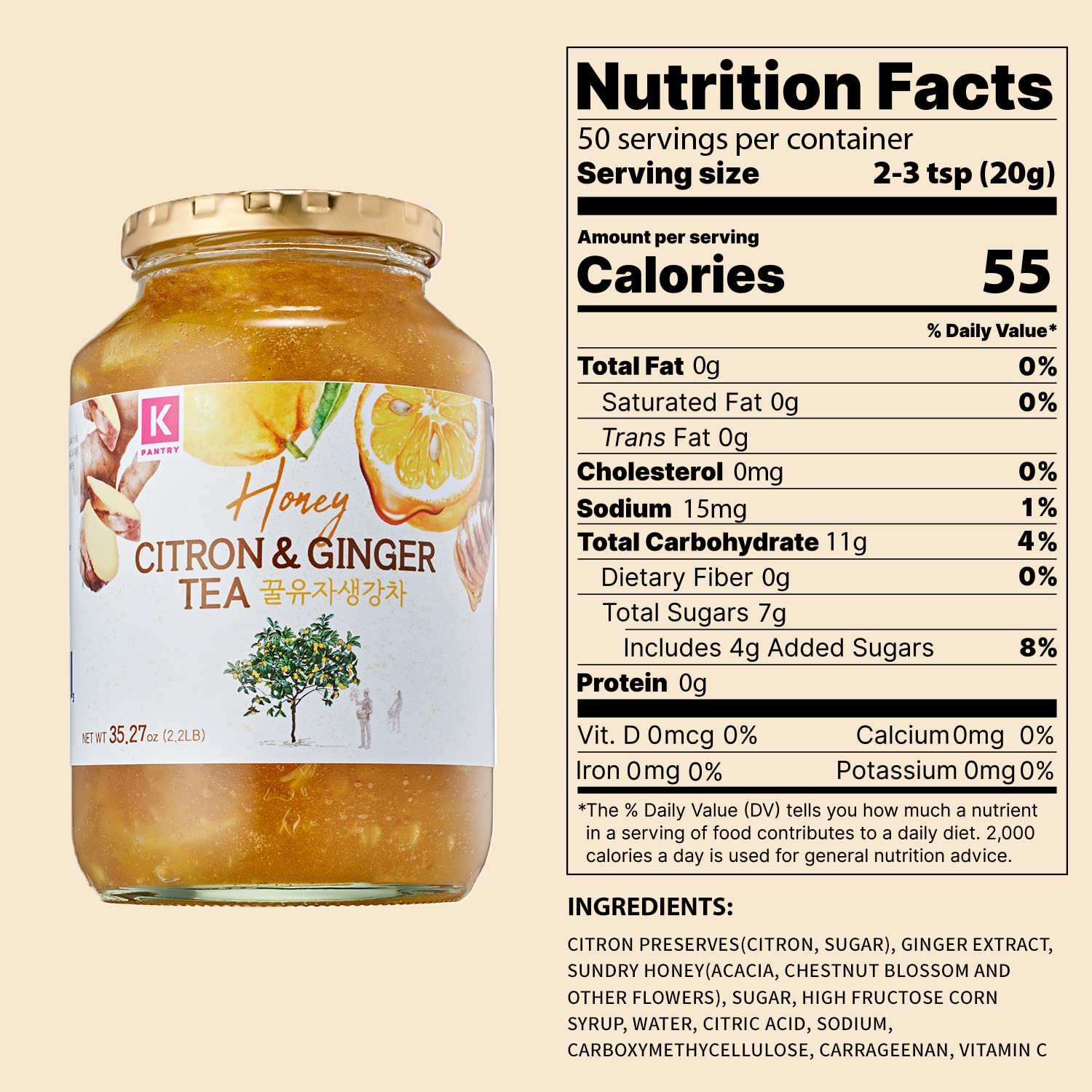 KPANTRY Honey Citron Ginger Tea - Korean Yuzu Marmalade for Tea & Smoothies - 35.27oz (2 Pack) - Perfect for Cold Relief & Throat Soothing