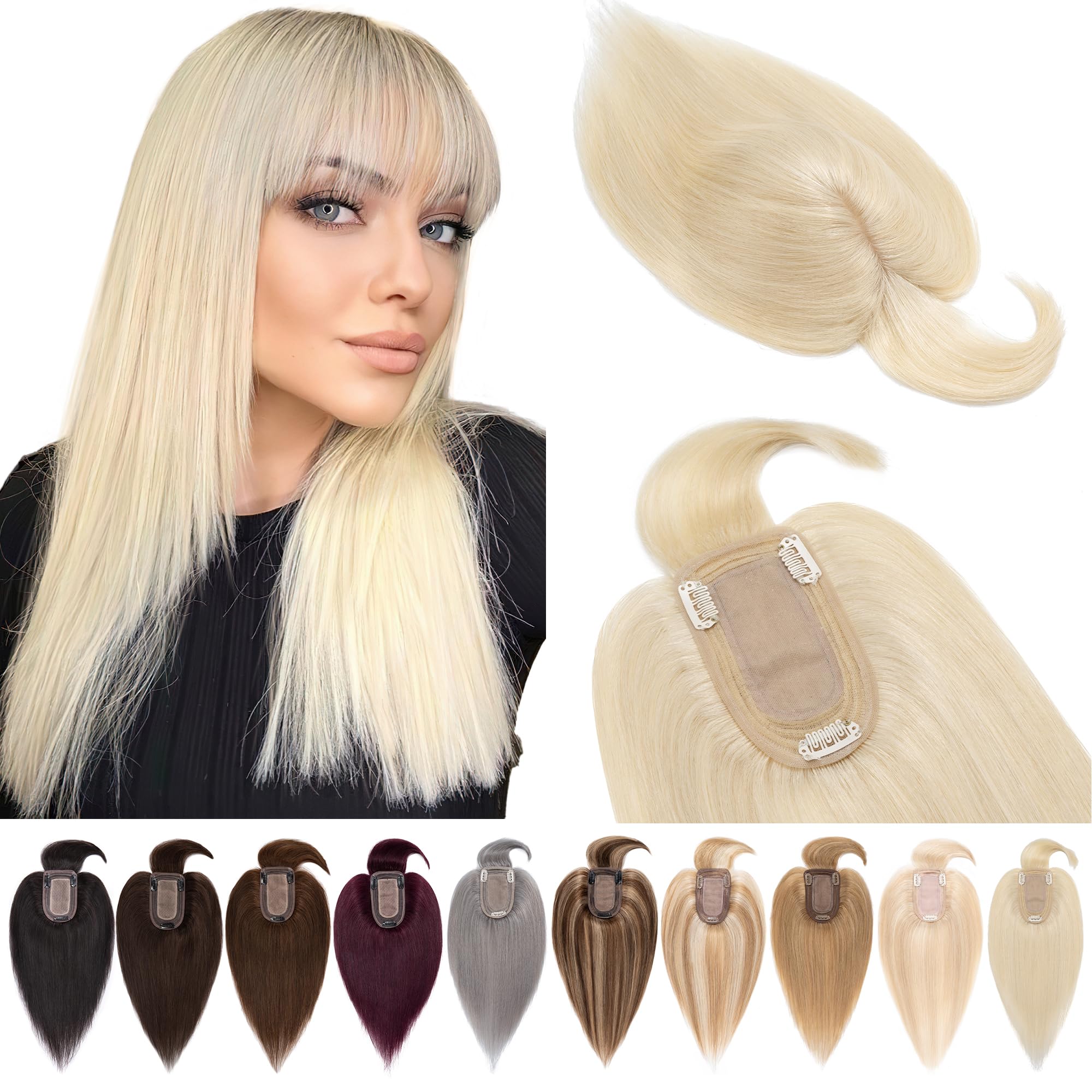 Premium 18 Inch Platinum Blonde Human Hair Topper with Bangs | 7x13cm Silk Base Clip-In Hairpiece for Women with Thinning Hair | Natural Looking Hair Thickener for Daily Wear, Special Occasions & Styling