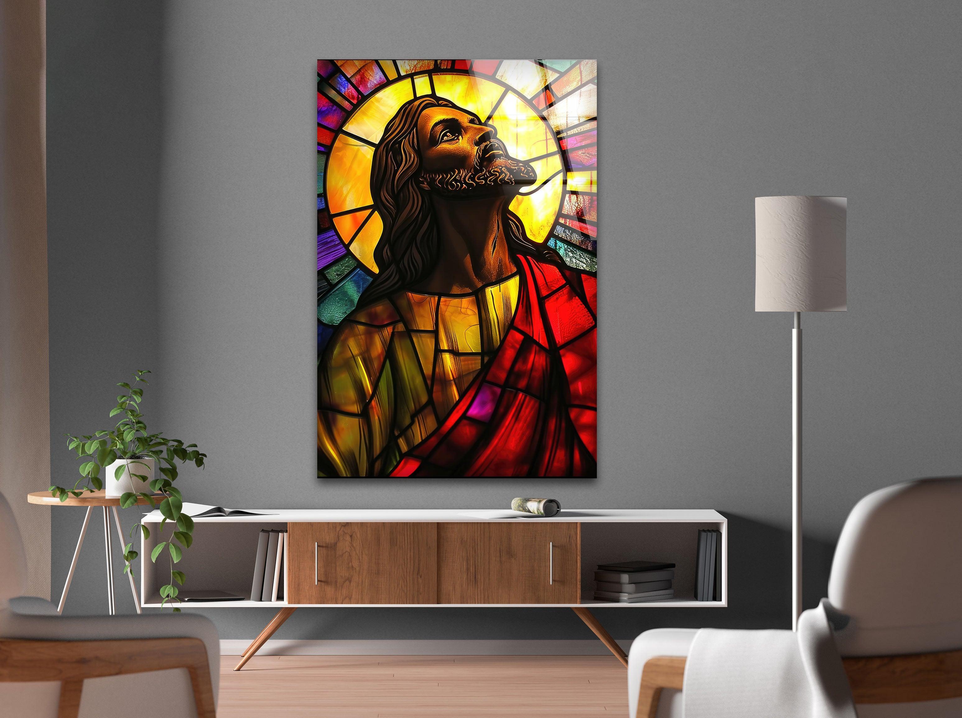 Vibrant Jesus Portrait Glass Wall Art - Religious Home Decor for Living Room, Bedroom & Church