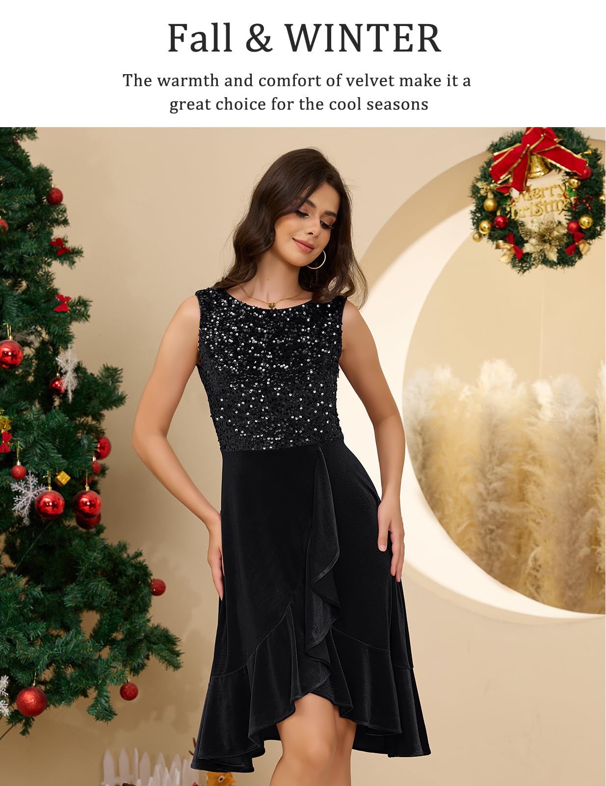 DRESSTELLS Women's Velvet Sequin Christmas Holiday Party Dress - Sparkly Cocktail & Wedding Guest Gown for Festive Celebrations, NYE Parties & Special Occasions