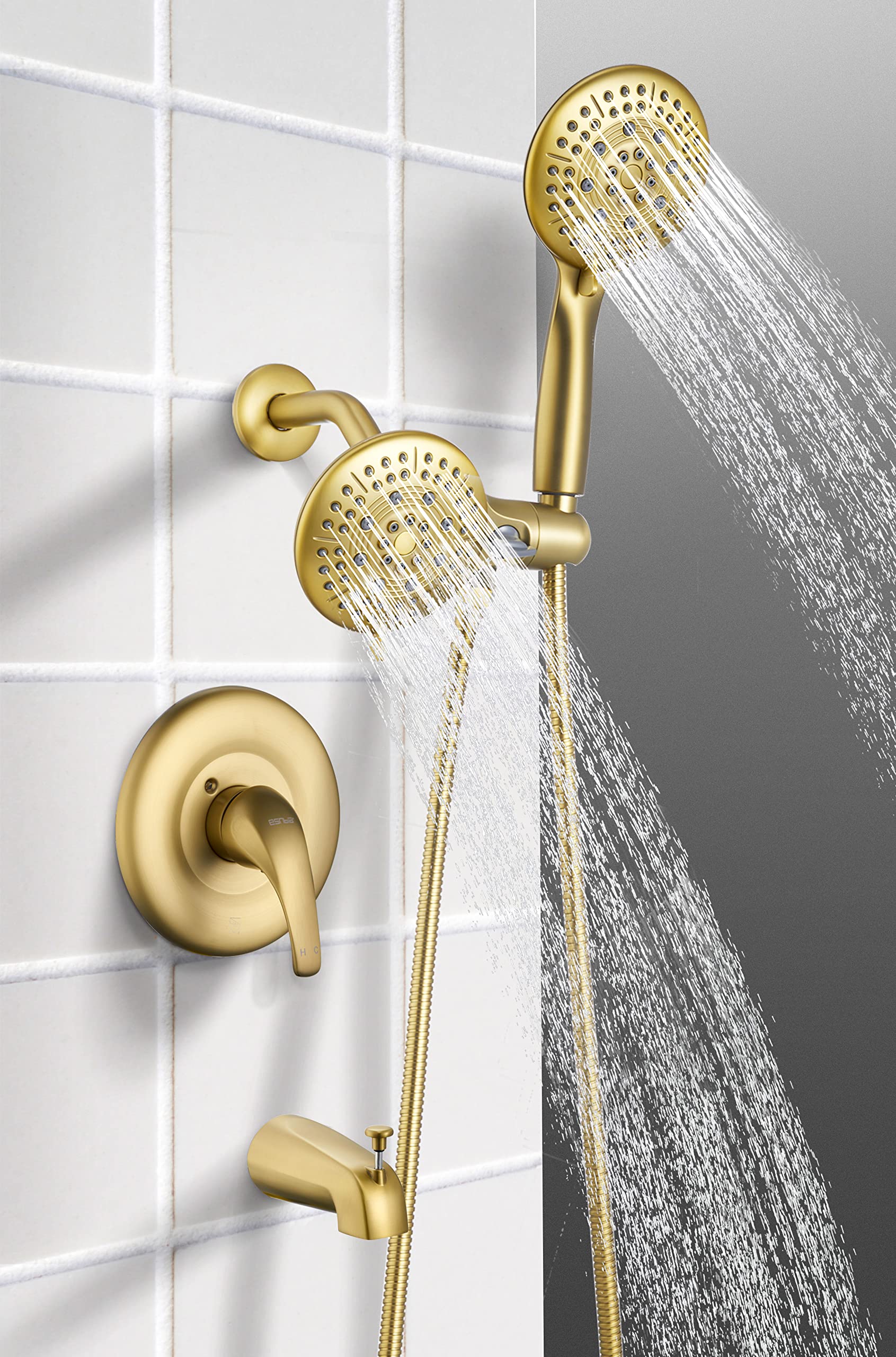 ESNBIA 35-Mode 2-in-1 Handheld and Rain Shower Head System with Single-Handle Tub and Shower Faucet Set (Valve Included) - Brushed Gold Finish - Perfect for Bathroom Renovation and Luxury Spa Experience
