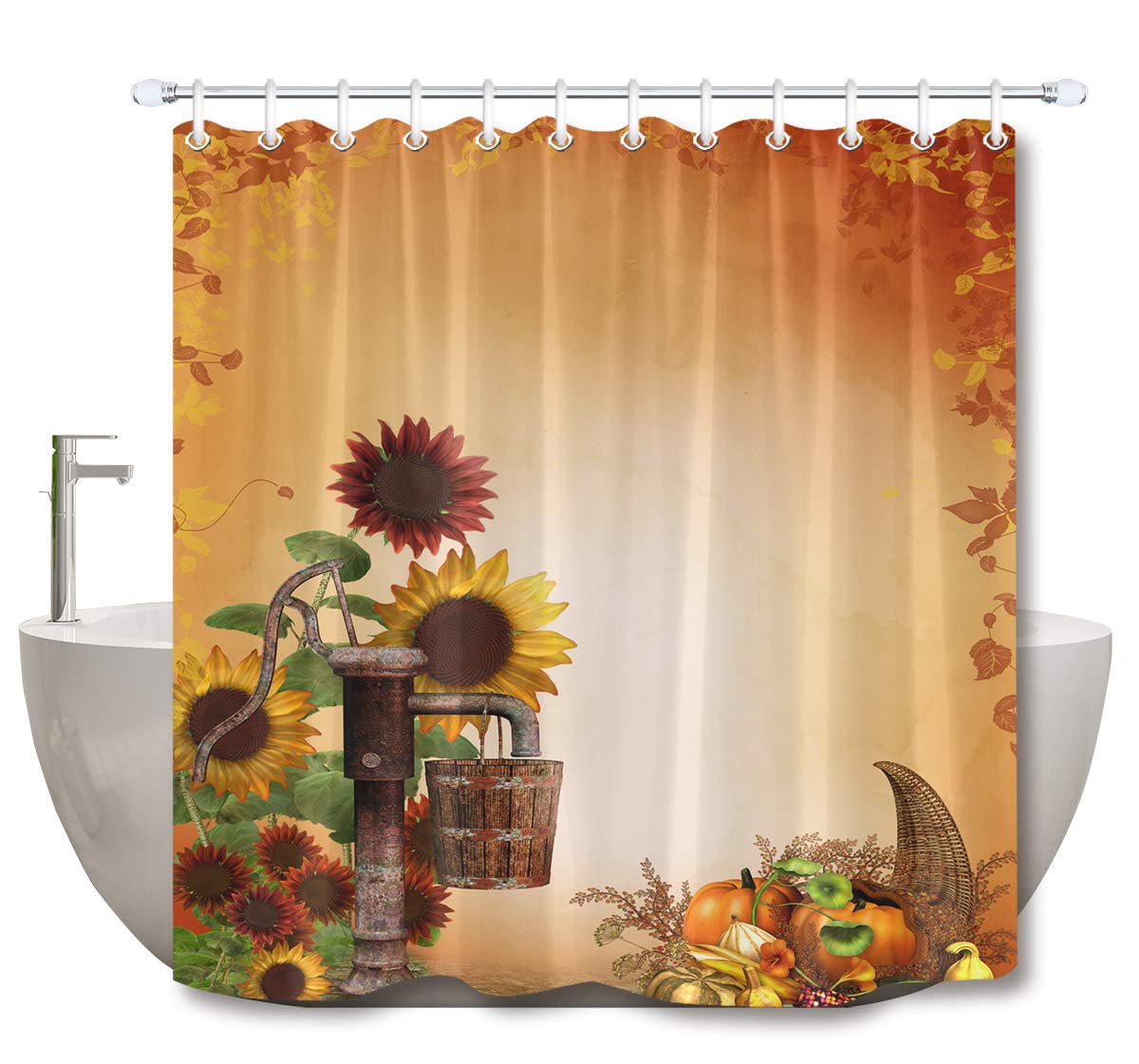 Rustic Sunflower Fall Shower Curtain Set - Autumn Farmhouse Harvest Bathroom Decor with Pumpkin & Thanksgiving Theme - 72x72 Inch Waterproof Polyester Fabric with Hooks (Perfect for Country Style Bathrooms, Seasonal Decor & Cozy Farmhouse Vibes)