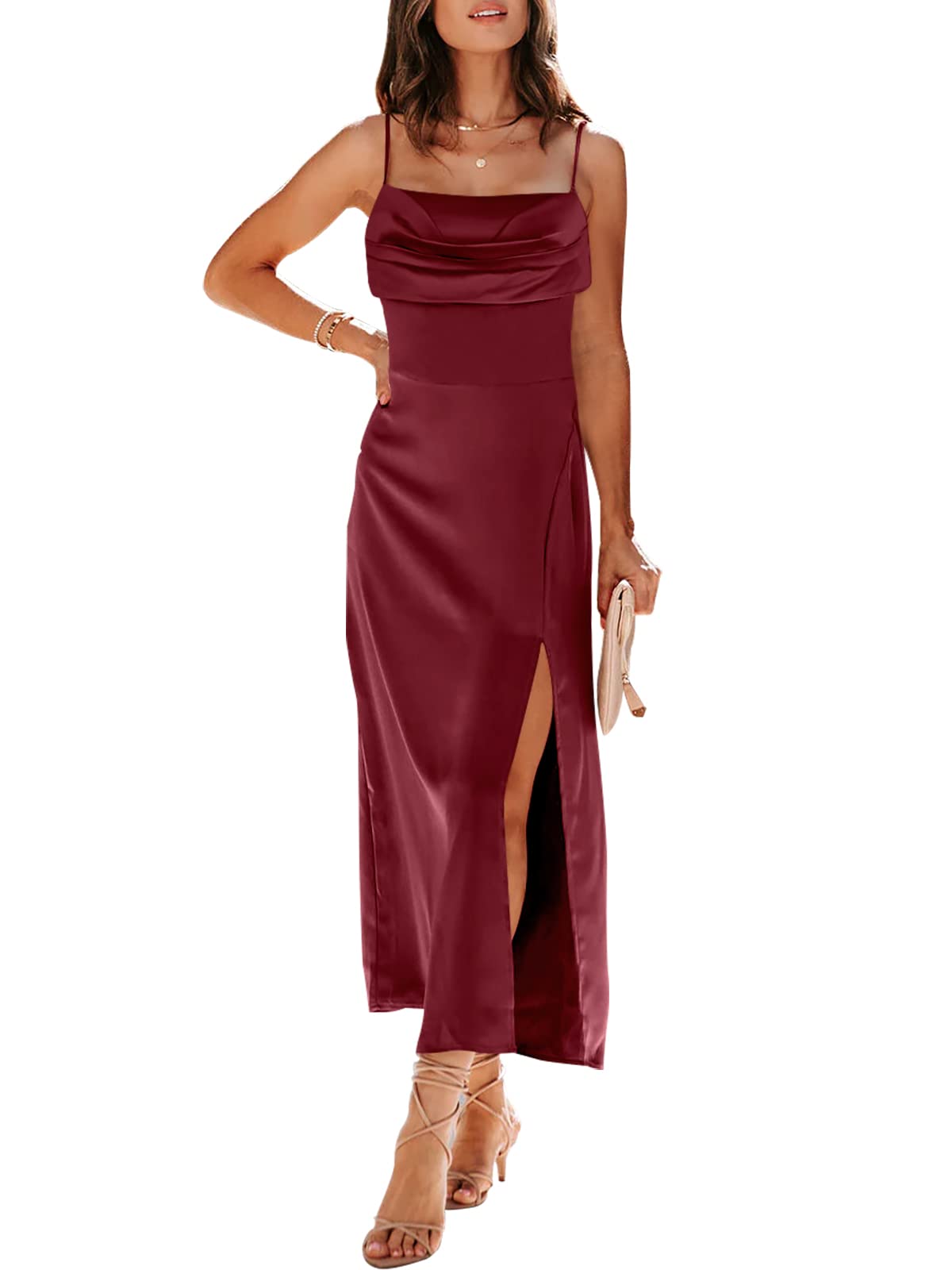 Caracilia Women's Satin Maxi Dress - Spaghetti Strap Formal Cocktail Dress with Side Slit for Wedding Guest, Party & Evening Events | Summer Elegant Long Dress for Special Occasions