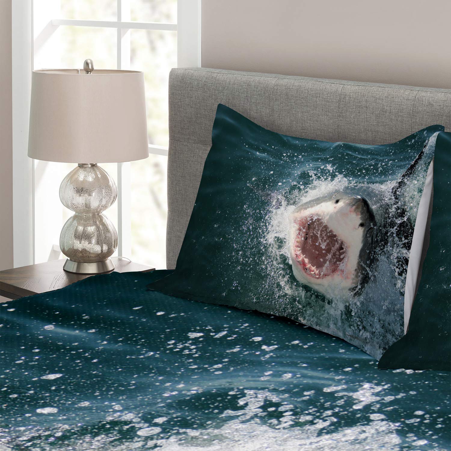 Ambesonne Shark Bedspread Set - 3 Piece Queen Size Bedding with Wild Sea Animal Attack Print, Includes Coverlet & 2 Pillow Shams in Petrol Blue Grey White - Perfect for Shark Lovers' Bedroom, Ocean Theme Decor or Kids' Room Makeover