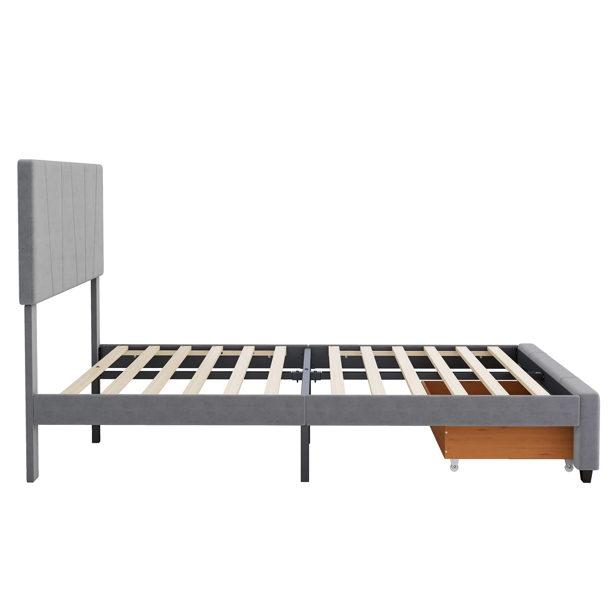 SOFTSEA Full Size Upholstered Platform Bed Frame with Adjustable Headboard & Storage Drawer - Tufted Modern Bedroom Furniture for Small Spaces & Guest Rooms