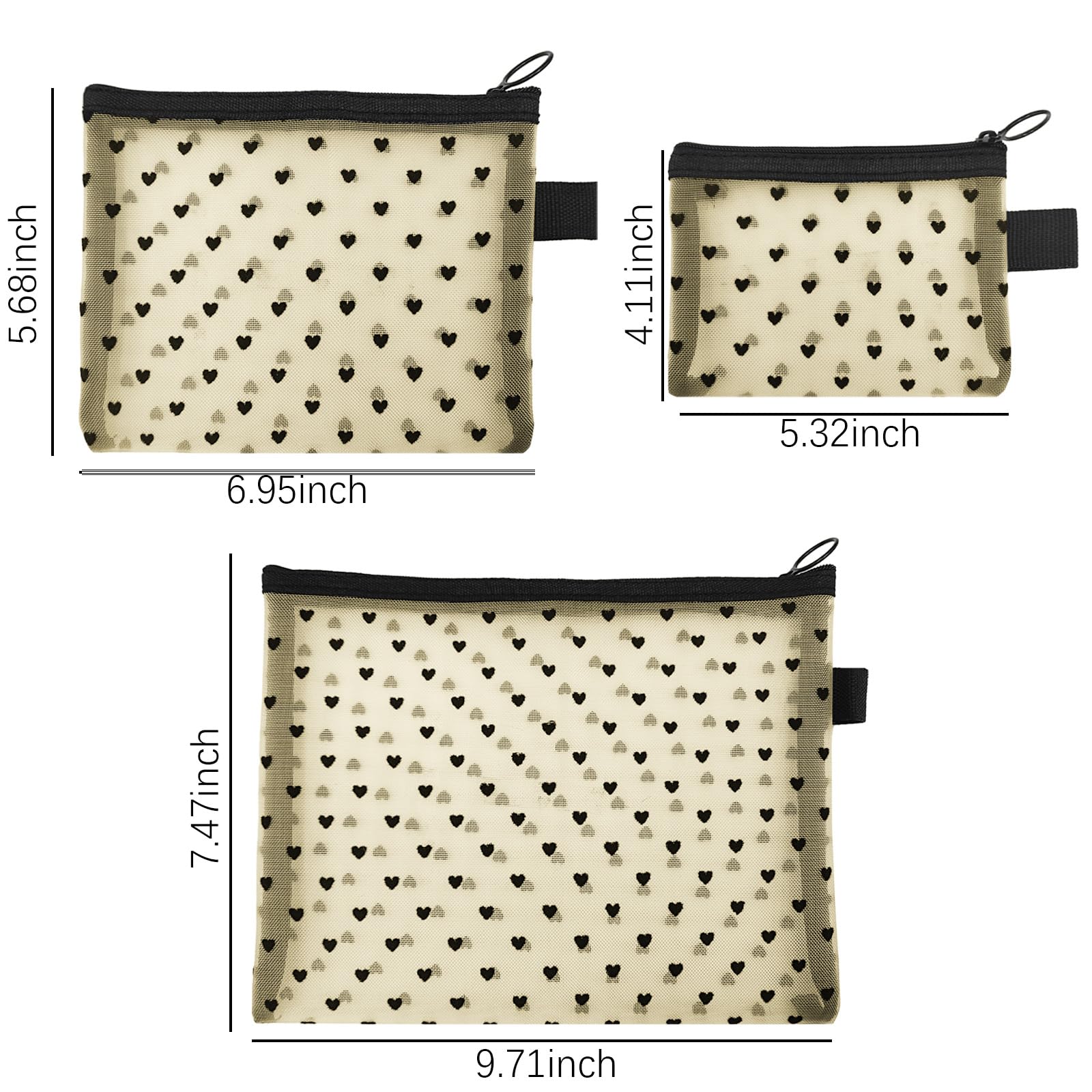 LYDZTION 3-Piece Heart Shaped Mesh Makeup Bags Set with Zipper - Portable Cosmetic Organizer Pouch for Travel, Home & Office - Perfect for Daily Toiletries & Beauty Accessories (Beige, 3 Sizes) | Great for Gym, Vacation & Gift Giving
