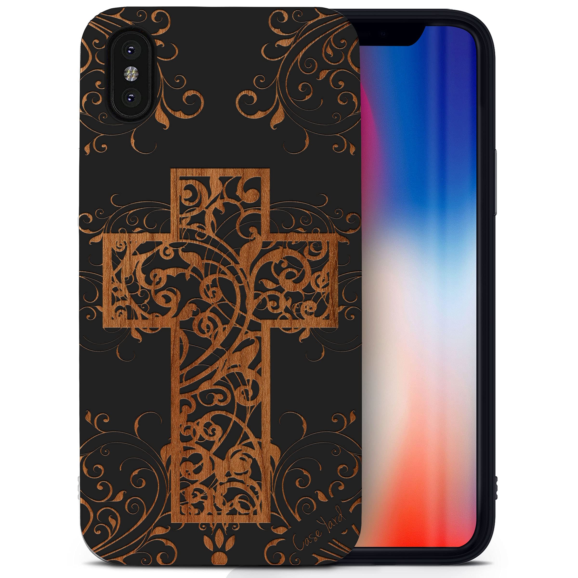 CaseYard Wood Phone Case for iPhone X - Laser Engraved Cross Floral Design, Black Wood Protective Cover | Slim Fit Shockproof Case for Men & Women | Perfect for Everyday Use, Travel & Gift Giving