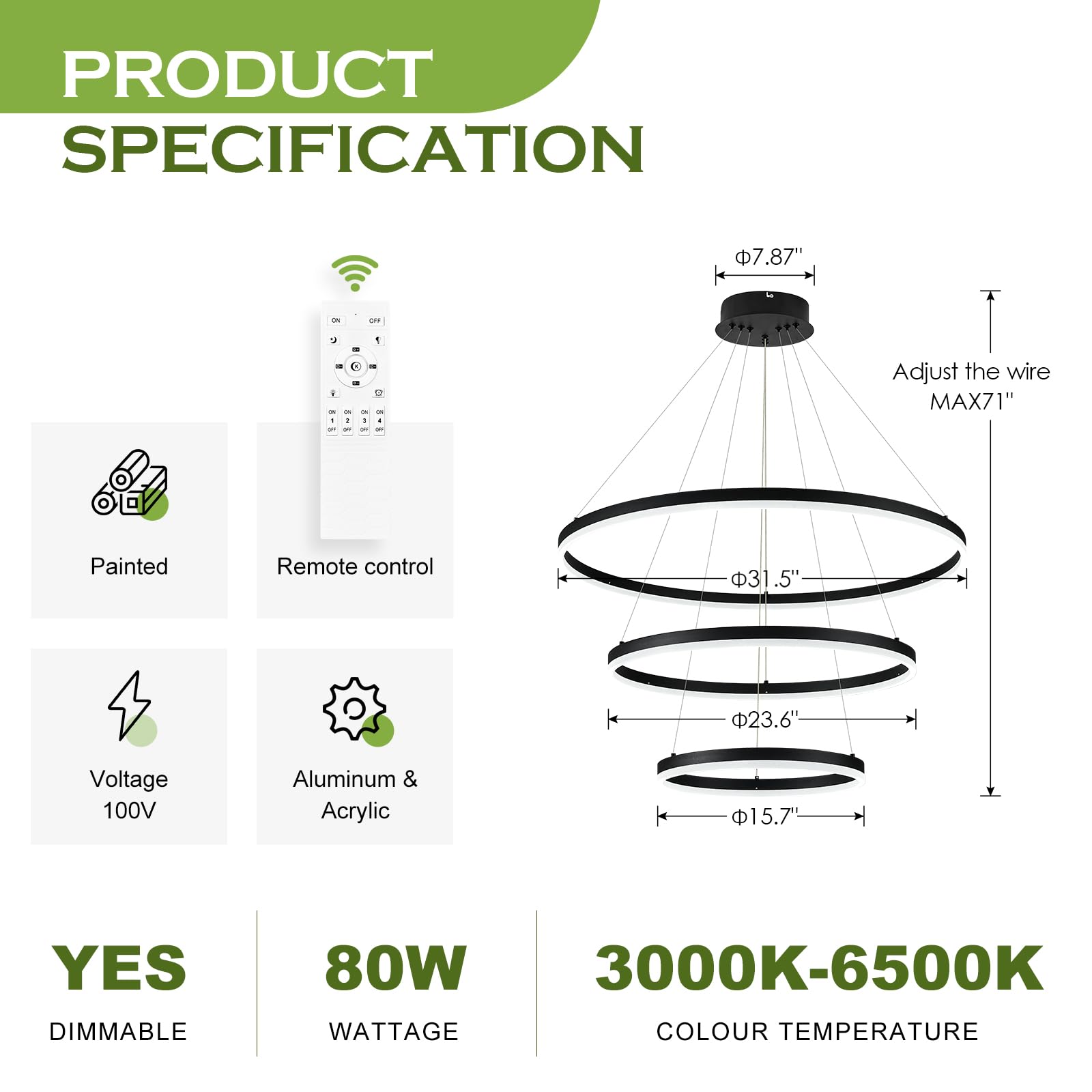 Modern 3-Ring LED Chandelier - Black Dimmable Pendant Light with Remote Control, Circular Flush Mount Ceiling Fixture (3000K-6500K Adjustable, 71cm Height) for Dining Room, Living Room, Bedroom & Entryway - Perfect for Contemporary Home Decor and Ambient Lighting