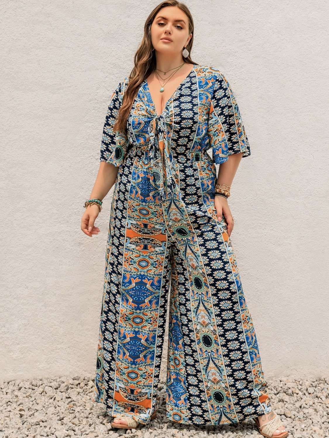 **Plus Size Printed Half Sleeve Wide Leg Jumpsuit for Women – Stylish & Comfortable Romper for Casual Outings, Vacations & Summer Wear**
