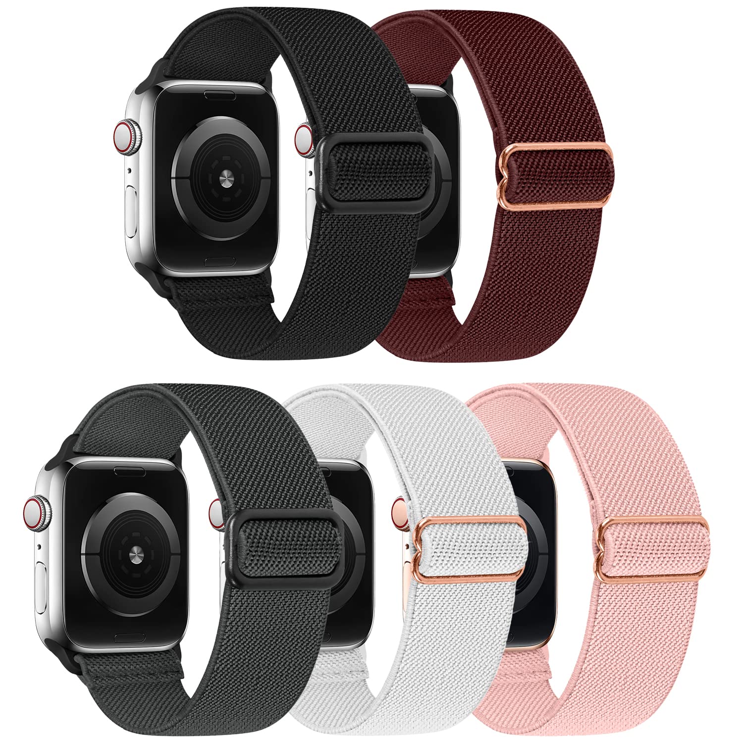 ShuYo 5 Pack Nylon Elastic Apple Watch Bands - Compatible with 38mm 40mm 41mm 42mm 44mm 45mm - Adjustable Sport Strap for Women & Men - Perfect for Series 7/6/5/4/3/2/1/SE - Ideal for Running, Gym & Everyday Wear