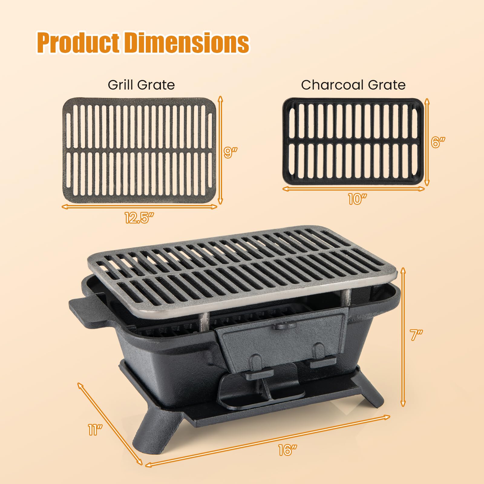 Giantex Portable Charcoal Hibachi Grill - Double-Sided Cast Iron BBQ Grill with Adjustable Air Vent, Fire Gate & Grate Lifter - Perfect for Outdoor Cooking, Camping, Picnics & Backyard Barbecues