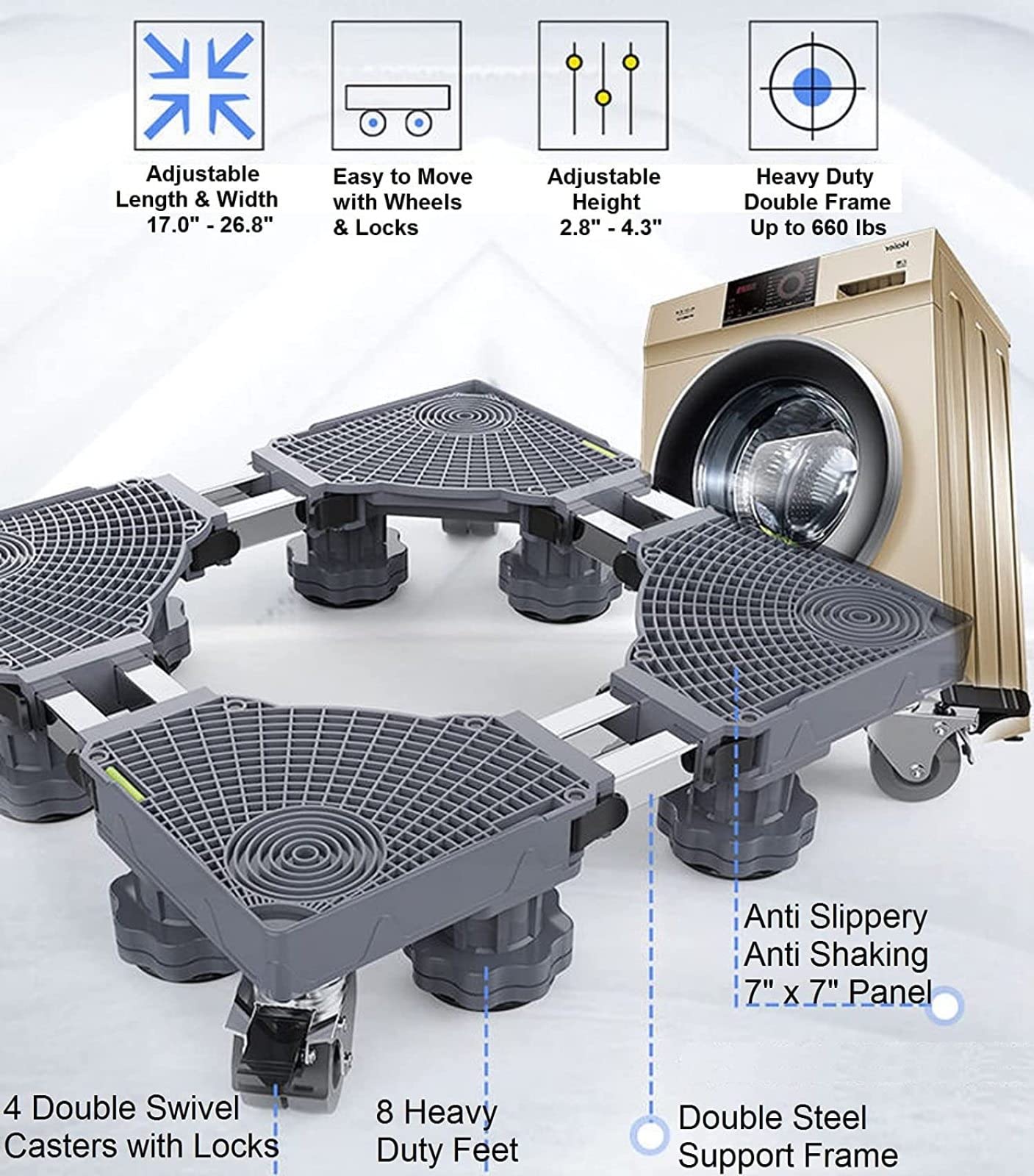 Adjustable Washing Machine Base Bracket - Heavy Duty 300kg Capacity, Universal Stand for Washer Dryer & Refrigerator, 8 Feet with 4 Wheels - Perfect for Laundry Room, Basement & Small Appliance Storage