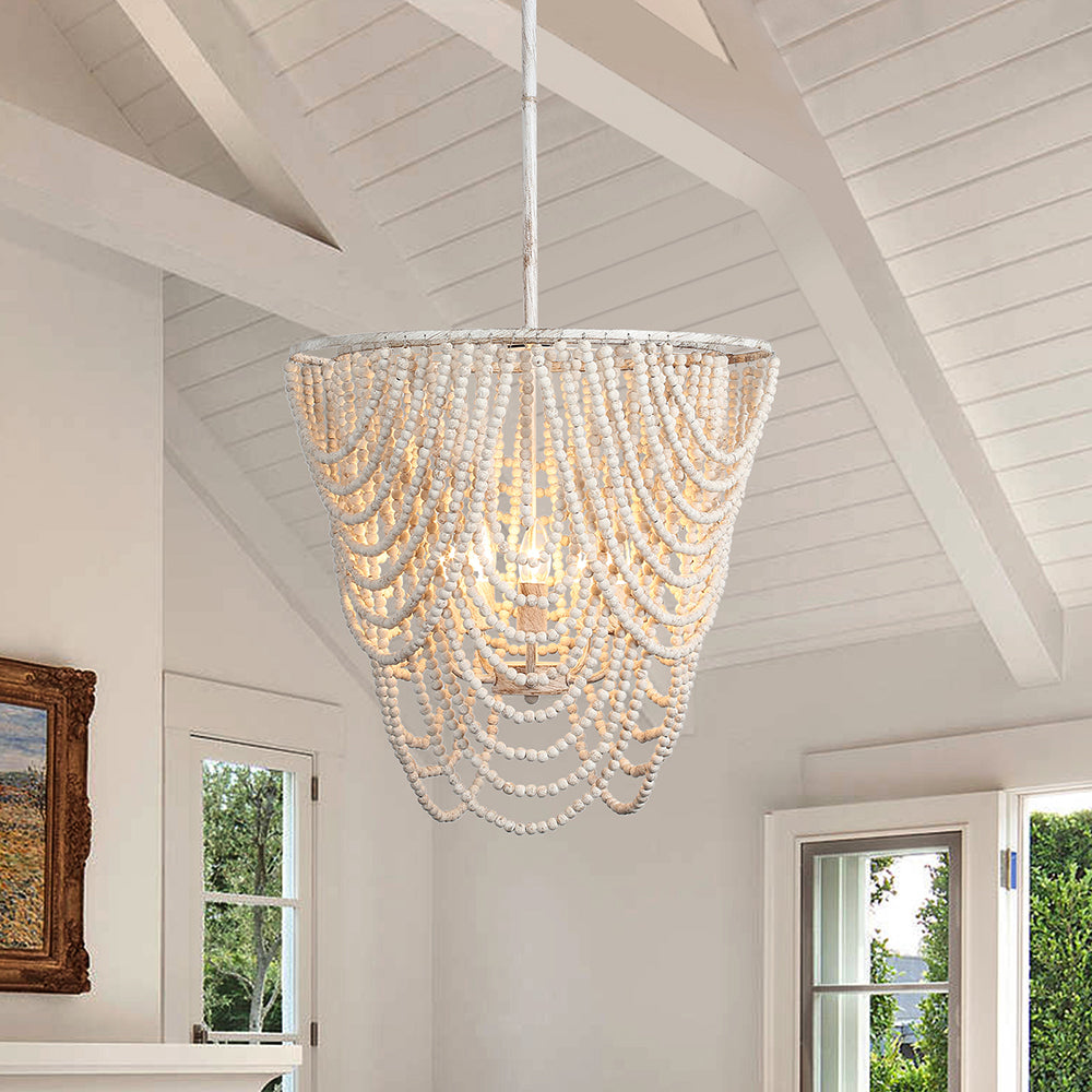 Glowlings 5-Light Empire Chandelier - Aged White Bohemian Style with Wood Beads | Perfect for Dining Room, Bedroom, or Boho Home Decor Lighting