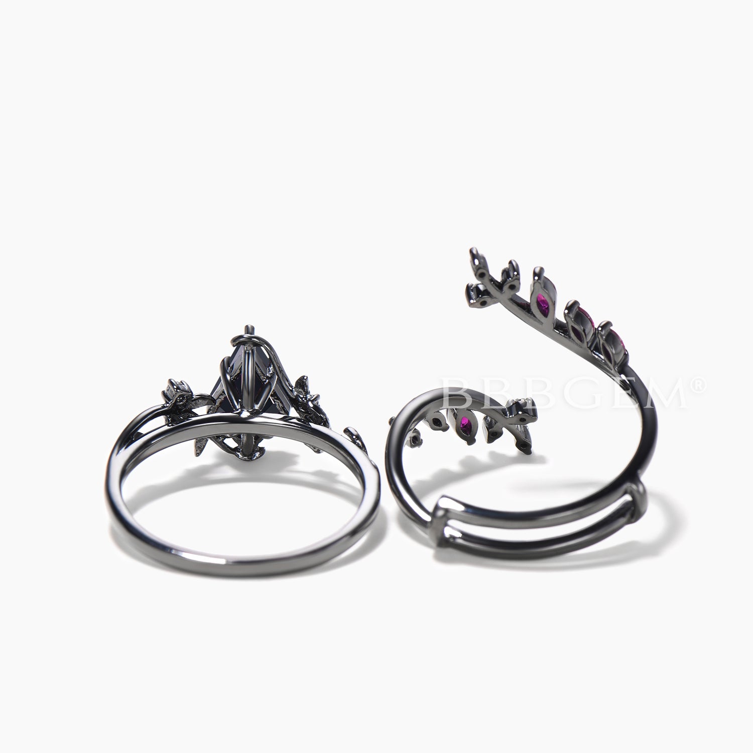 Natural Black Onyx and Ruby Engagement Ring Set with Twig Leaf Design in Black Gold - Perfect for Weddings, Anniversaries, and Romantic Gifts