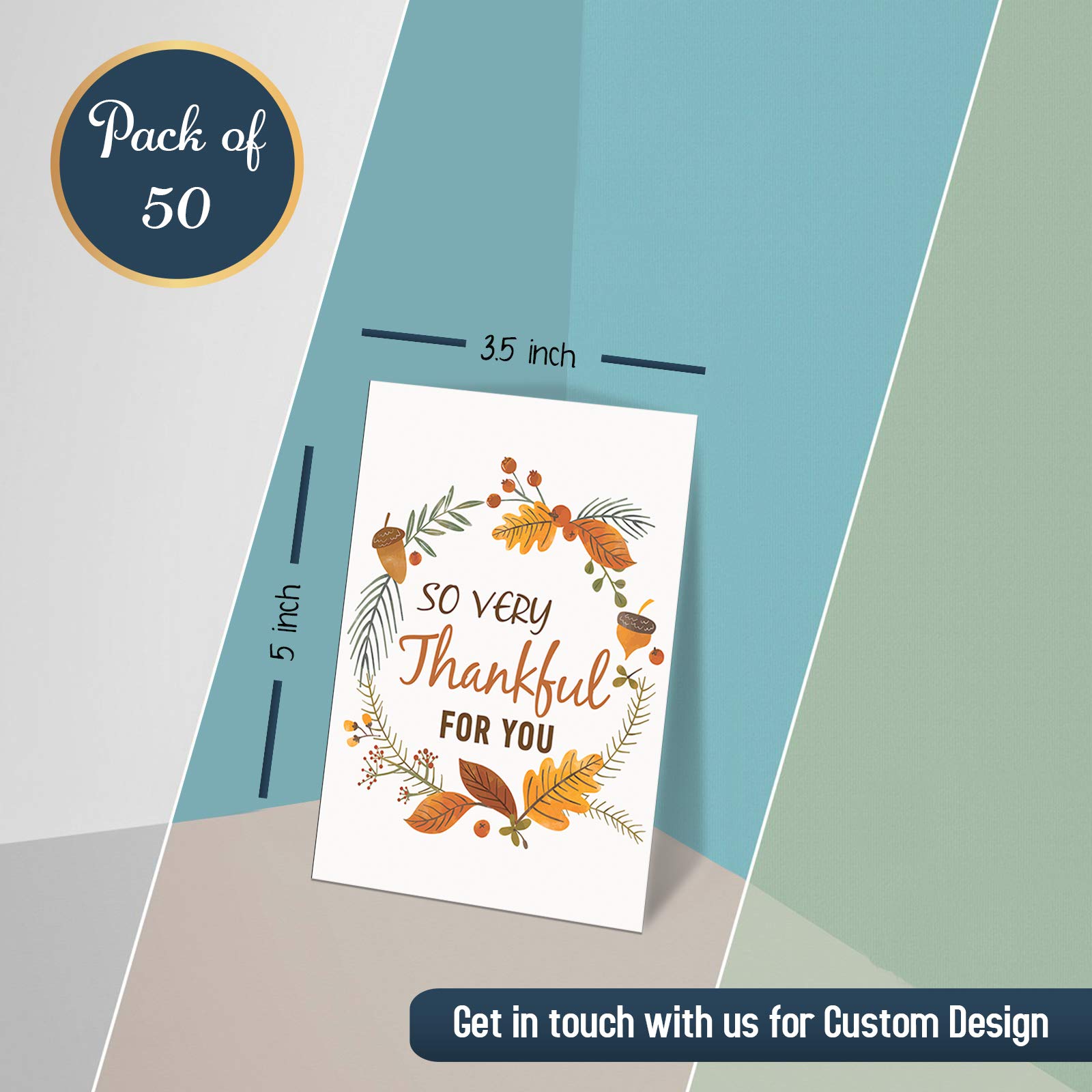 Thankful Greeting Cards Pack of 50 - Thanksgiving Holiday Cards with Envelopes for Gifting