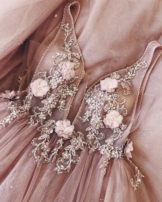 Elegant Blush Pink Tulle Wedding Dress with Lace Flower Embroidery and Beaded Details - Perfect for Bridal Gowns, Formal Events & Romantic Photoshoots