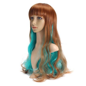 Natural Looking 65cm Mixed Color Long Curly Wavy Wigs for Women - Blue & Brown Ombre Synthetic Hair Extensions for Cosplay, Halloween, Daily Fashion & Party Wear