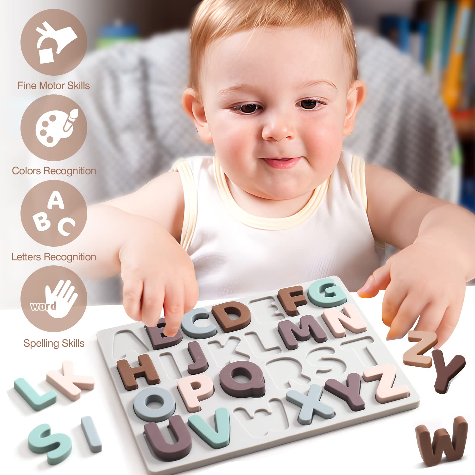 **Soft Silicone ABC Puzzle for Toddlers - Montessori Alphabet Learning Toy with Puzzle Board & Letter Blocks - Preschool Early Education Gift for Boys & Girls - Perfect for Home, Classroom & Travel Play**