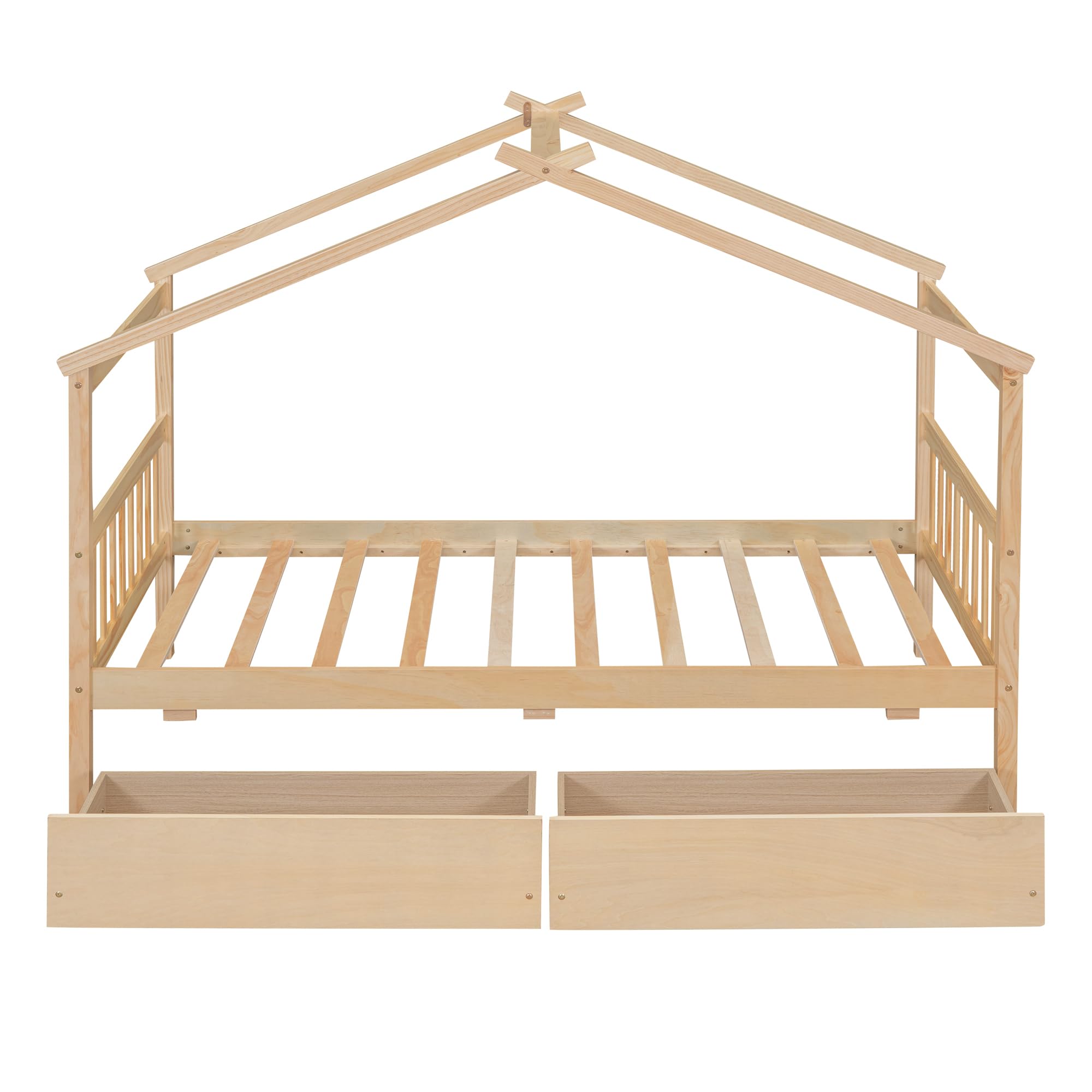 Harper & Bright Designs Twin Size Wooden House Bed for Kids with Storage Drawers - Natural Wood Roof Design Bed Frame for Boys & Girls - Perfect for Bedrooms, Playrooms & Kids' Rooms