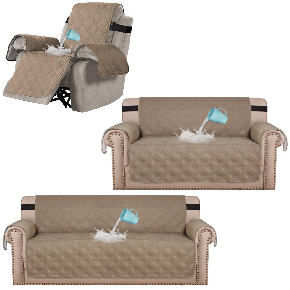 H.VERSAILTEX 100% Waterproof Quilted Sofa Cover Set - 3-Piece Loveseat & Oversized Recliner Slipcover Protector | Spill-Resistant, Machine Washable Furniture Protector for Pets, Kids & Everyday Use