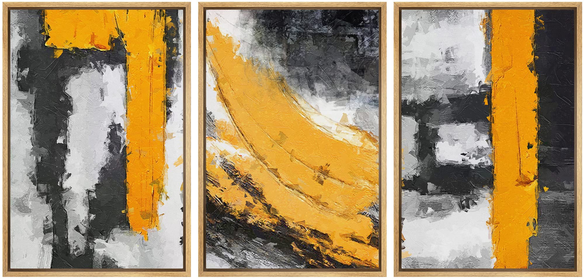 Abstract Gold Black White Framed Wall Art Print Set - Modern Boho Multicolor Paint Strokes & Shapes for Living Room, Bedroom, Office Decor - 24x36 Inches Natural Wood Frame | Perfect for Home, Apartment & Workspace Wall Decor
