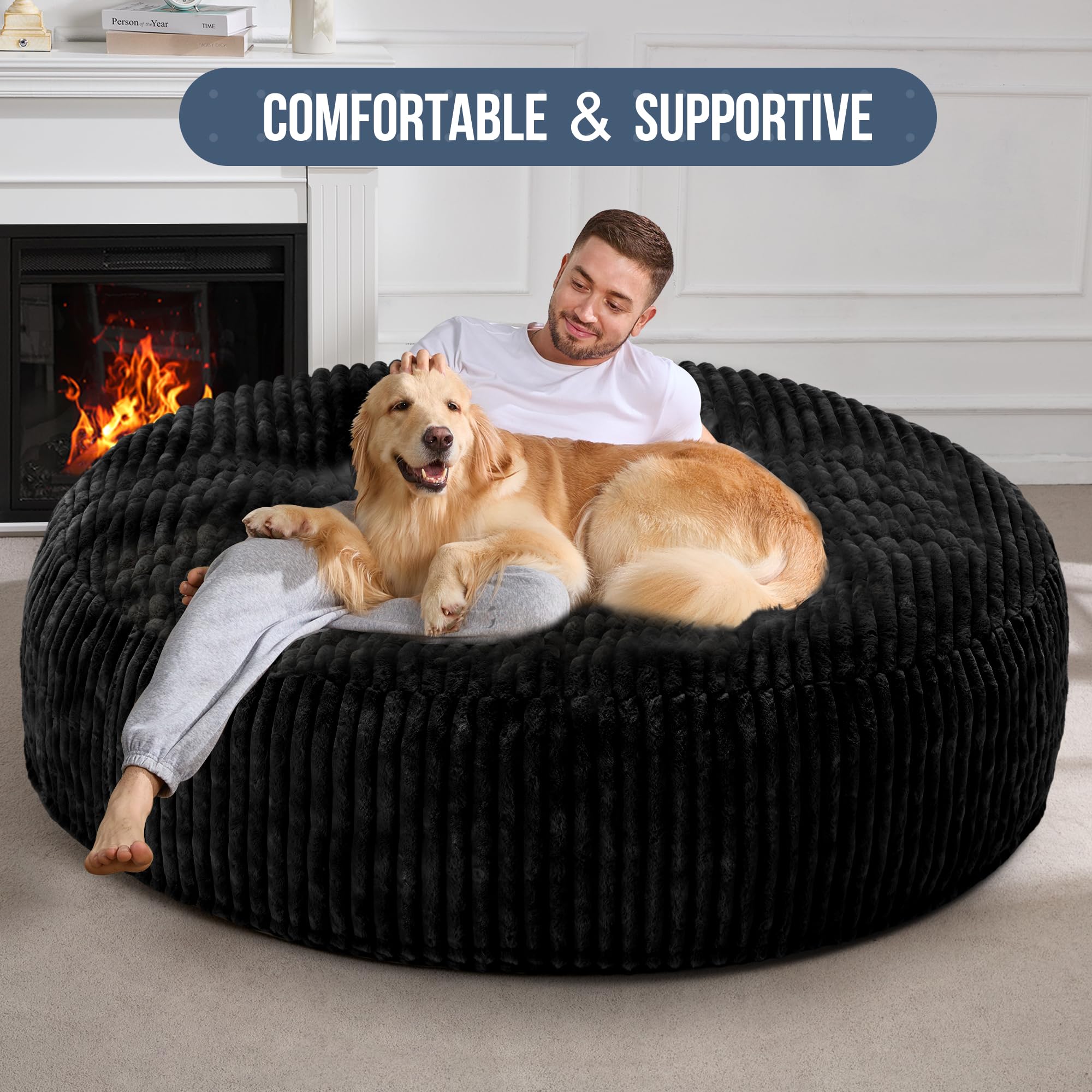 Premium 6ft Large Bean Bag Chair for Adults - Soft Plush Stripe Cover, Oversized 70