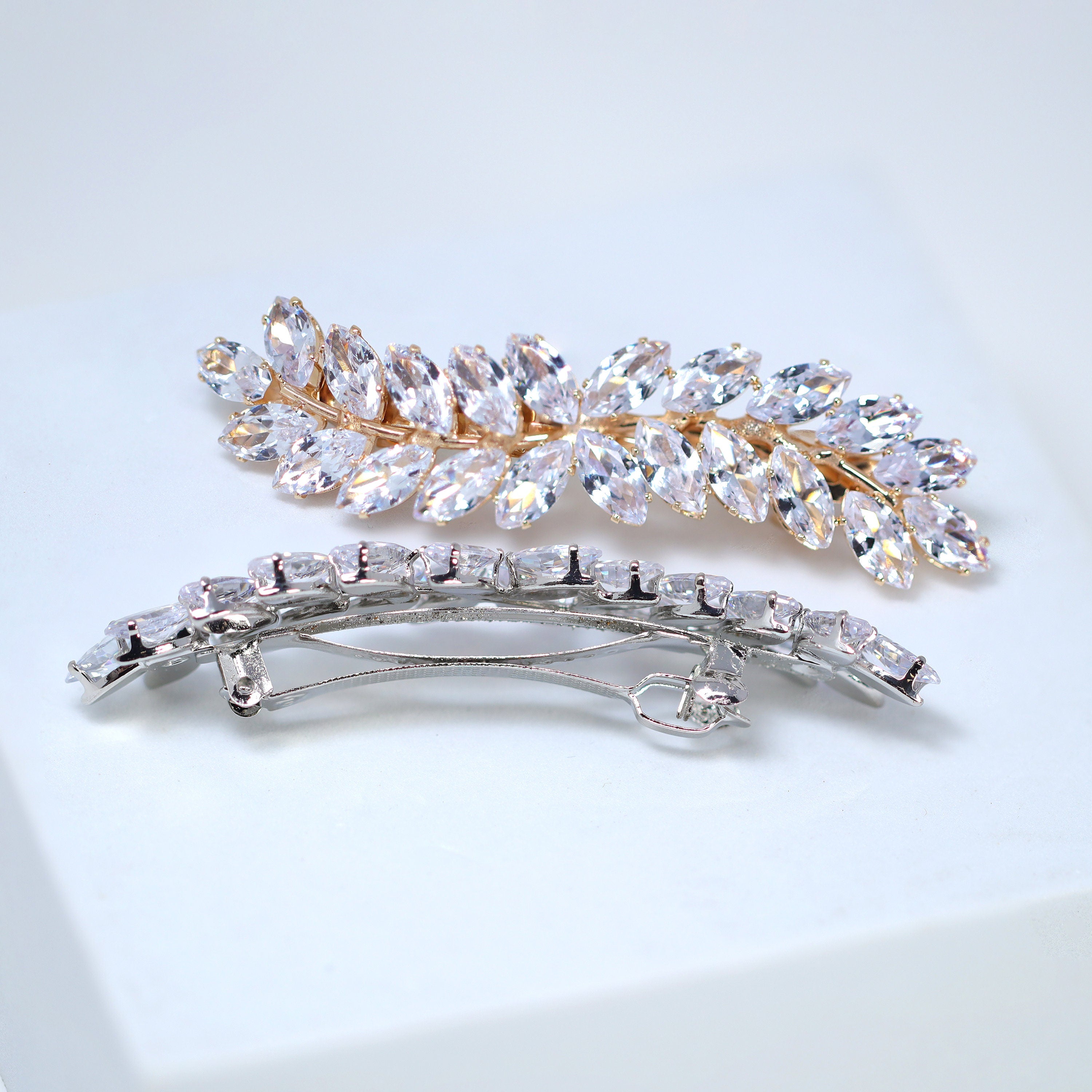 Silver Floral Leaves Vine CZ French Hair Clip – Elegant Bridal Hair Accessories for Wedding, Bridesmaid Gift, Peach Hair Clips for Special Occasions | Perfect for Weddings, Proms, and Formal Events